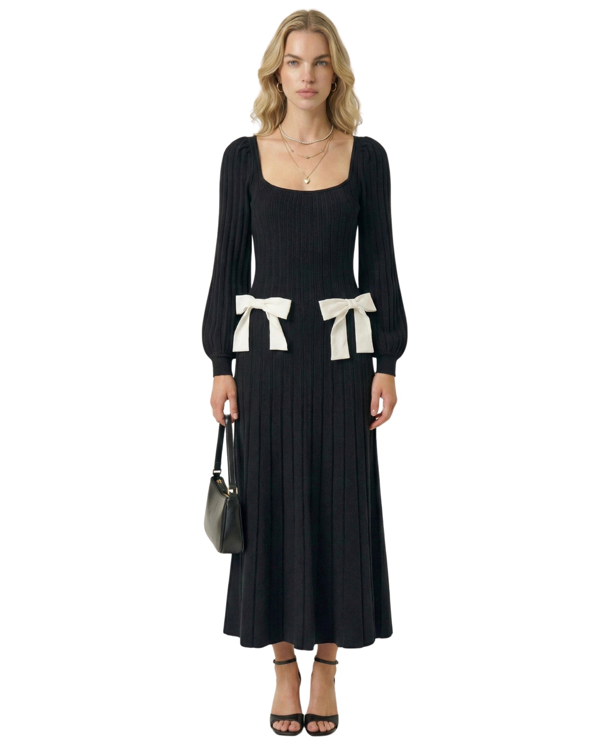 Modenaire Women’s Front Bow Detail Ribbed-Knit Midi Dress – Black