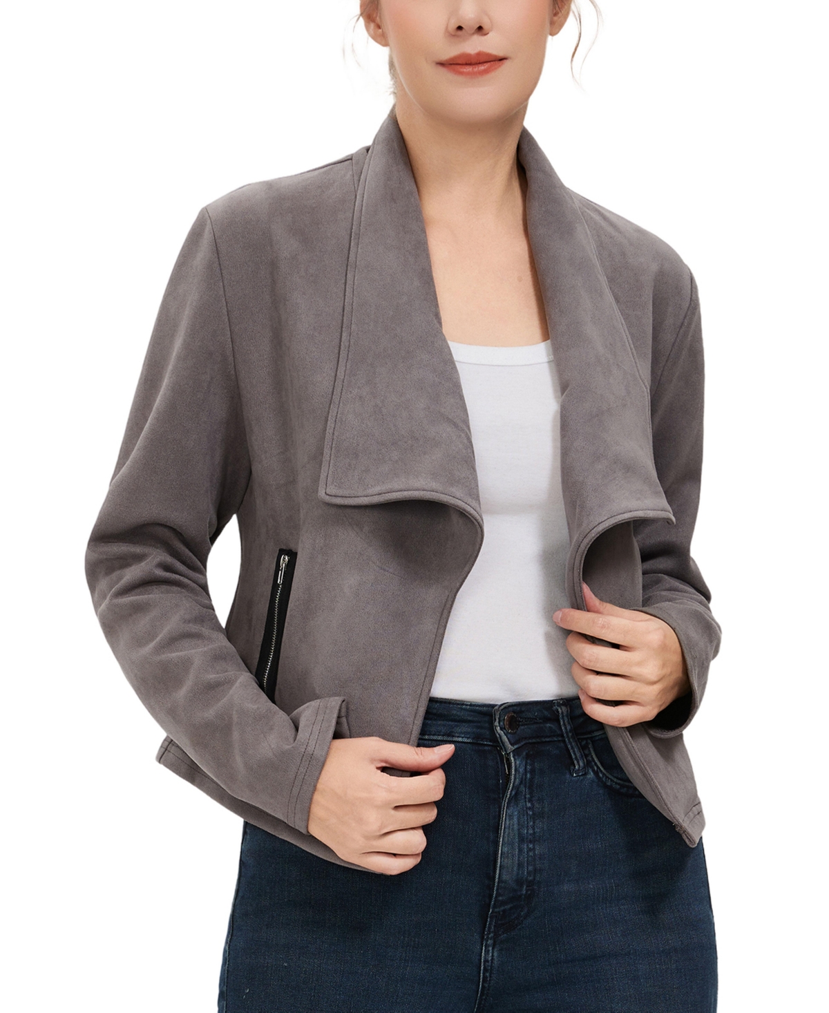 kimi + kai Women’s kimi + kai Faux Suede Open Front Jacket – Gray kimi + kai Women’s kimi + kai Faux Suede Open Front Jacket – Gray