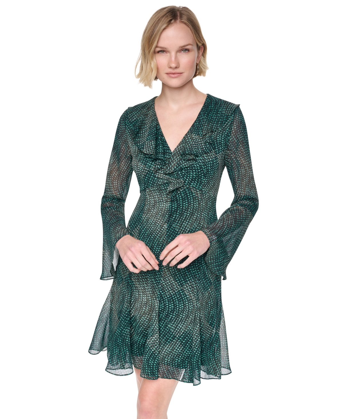 Dkny Women’s Long Bell Sleeve V-Neck Ruffle Godet Dress – Malachite Multi Dkny Women’s Long Bell Sleeve V-Neck Ruffle Godet Dress – Malachite Multi