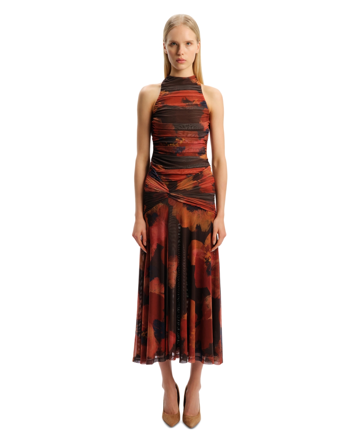 Bardot Women’s Mock Neck Printed Mesh Midi Dress – Earth Red Floral