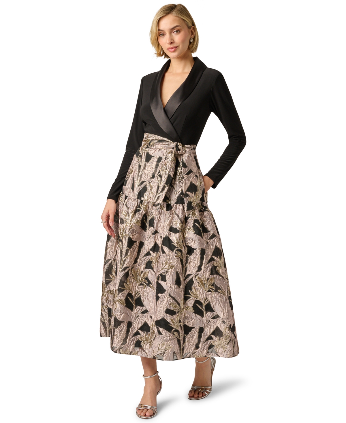 Adrianna Papell Women’s V-Neck Midi Dress – BLACK/BLUSH