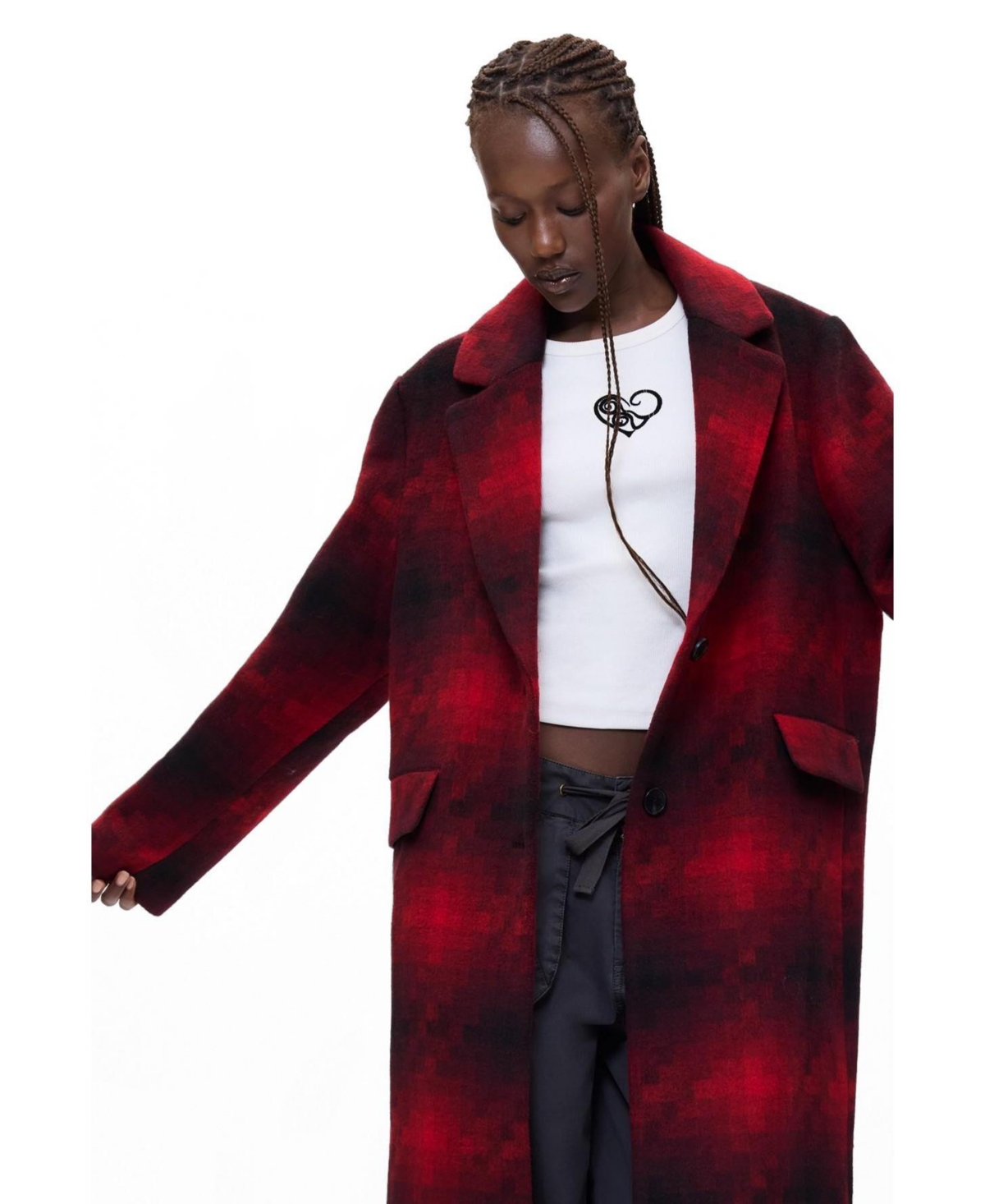 Desigual Women’s Long Checked Coat with wool – Light/Pastel Red