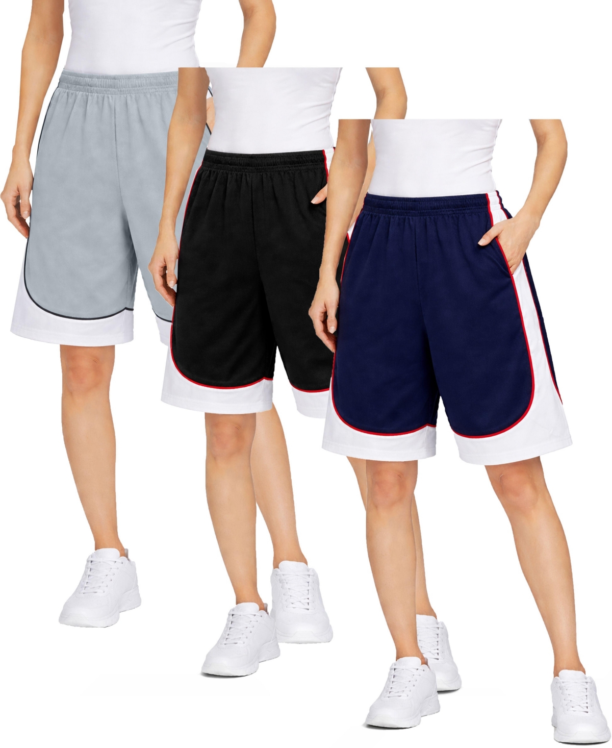 Jump Start Women’s Loose Fit Moisture-Wicking Performance Shorts-3 Pack – Silver/black-black/red-navy/red Jump Start Women’s Loose Fit Moisture-Wicking Performance Shorts-3 Pack – Silver/black-black/red-navy/red