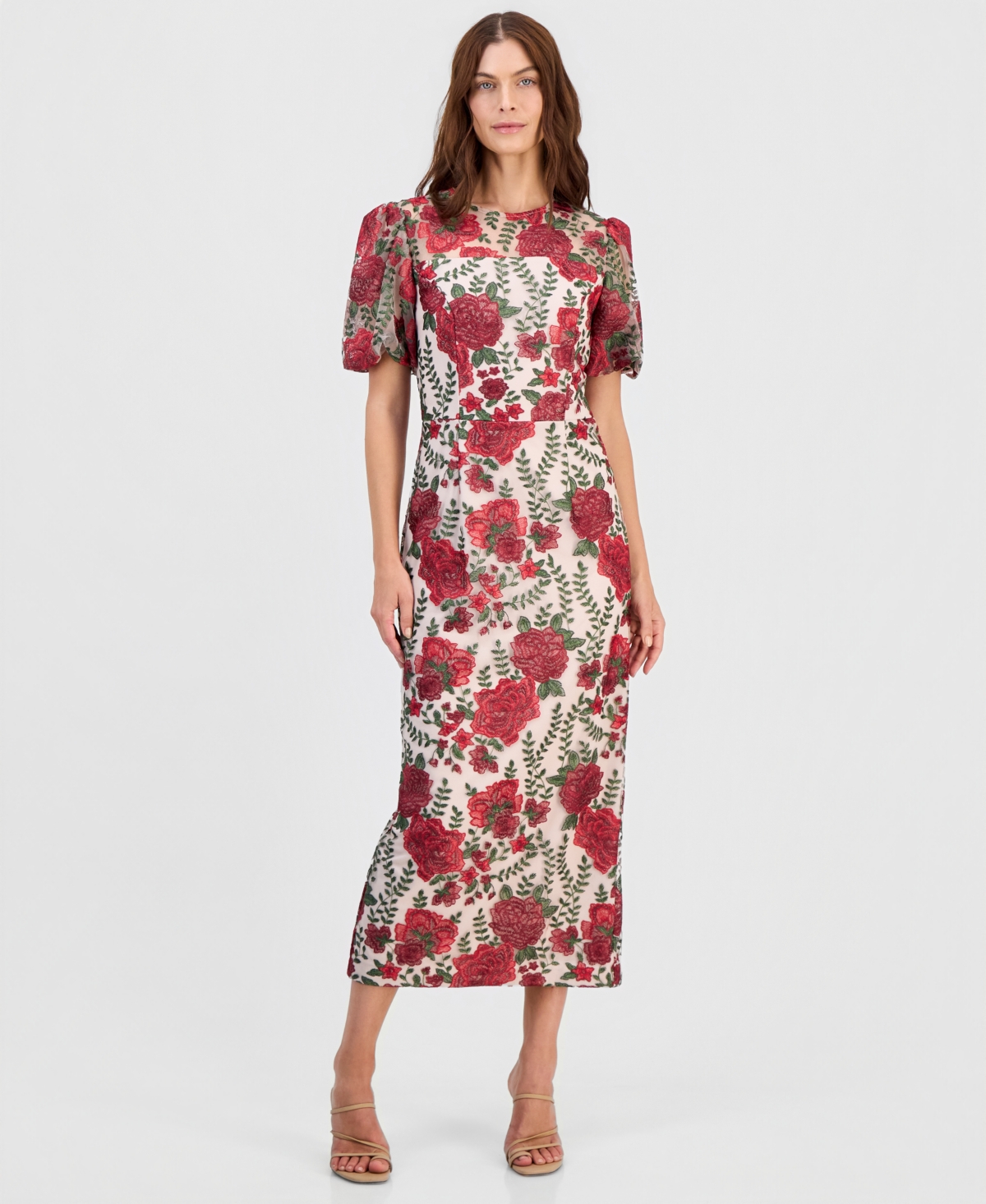 Adrianna Papell Women’s Embroidered Puff Sleeve Dress – RED/NUDE Adrianna Papell Women’s Embroidered Puff Sleeve Dress – RED/NUDE