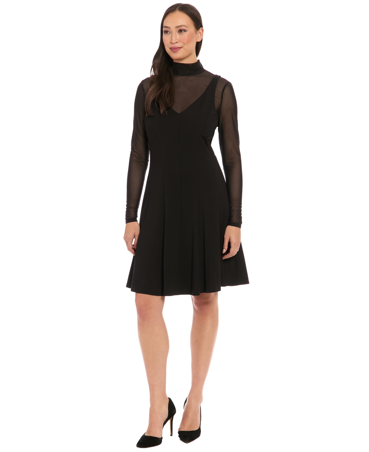 London Times Women’s Mock Neck Long-Sleeve Dress – Black