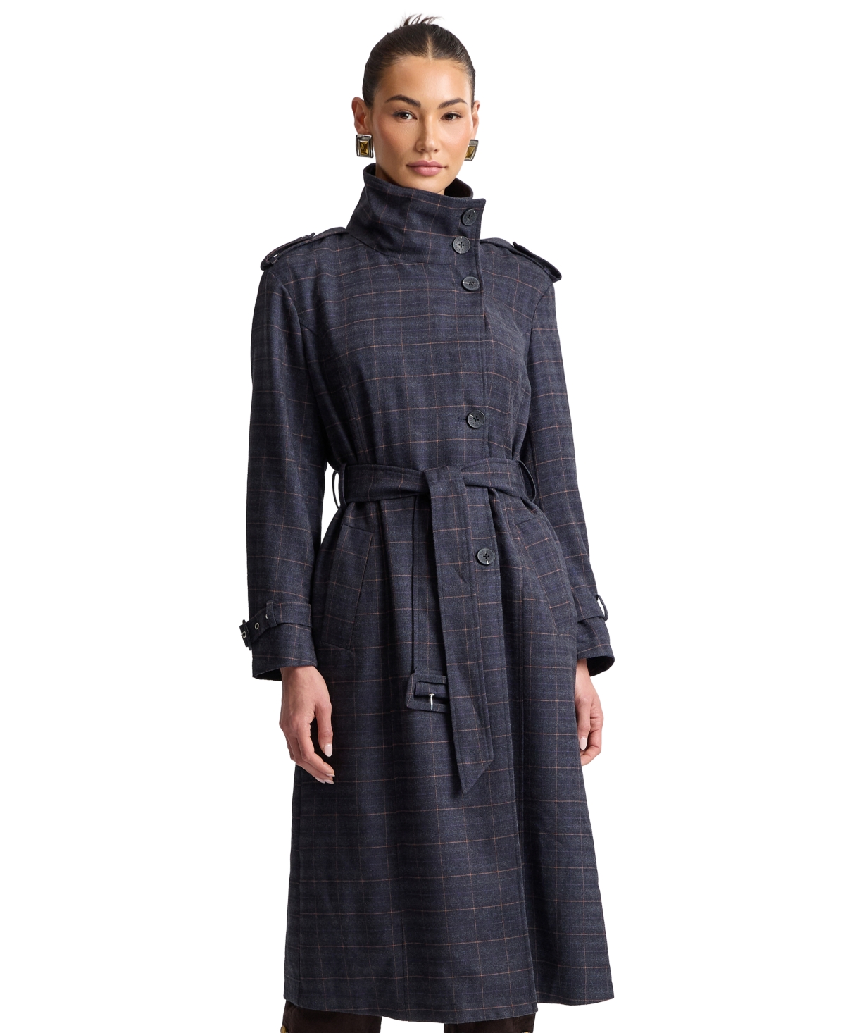 Avec Les Filles Women’s Plaid Funnel Neck Belted Trench Coat – Navy Gray Plaid Avec Les Filles Women’s Plaid Funnel Neck Belted Trench Coat – Navy Gray Plaid