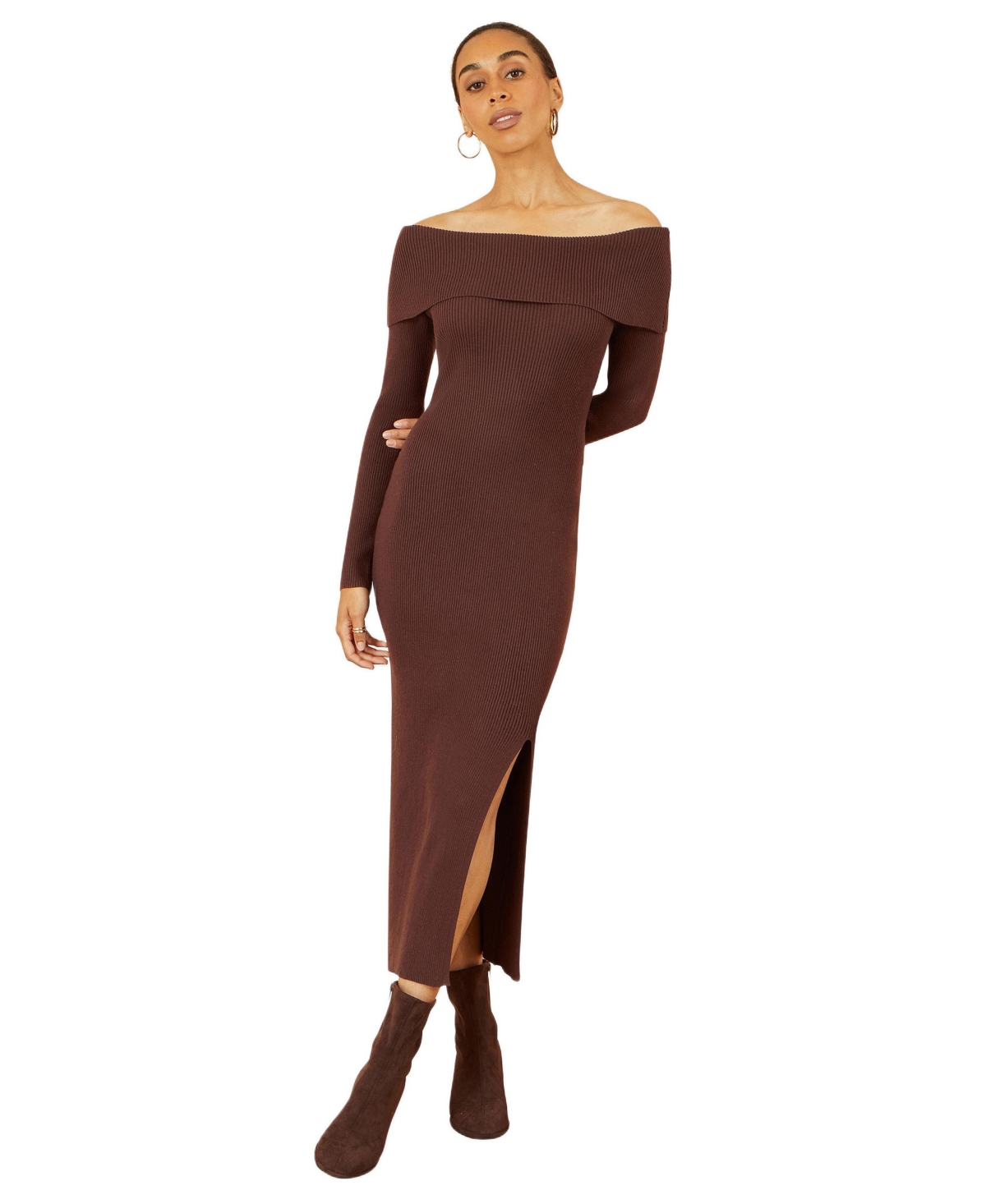 Yumi Women’s Bardot Knitted Fitted Midi Dress – Brown Yumi Women’s Bardot Knitted Fitted Midi Dress – Brown