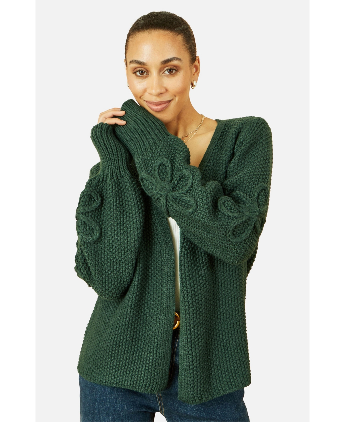 Yumi Women’s Floral Sleeve Chunky Knit Open Front Long Cardigan Sweater – Green Yumi Women’s Floral Sleeve Chunky Knit Open Front Long Cardigan Sweater – Green