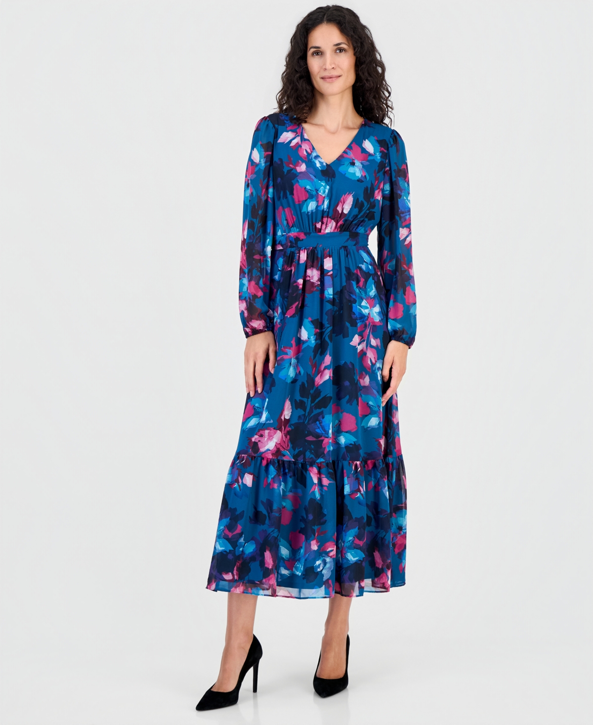 Kasper Women’s Floral Balloon-Sleeve Smocked-Back Maxi Dress – Bottle Teal Mlt Kasper Women’s Floral Balloon-Sleeve Smocked-Back Maxi Dress – Bottle Teal Mlt