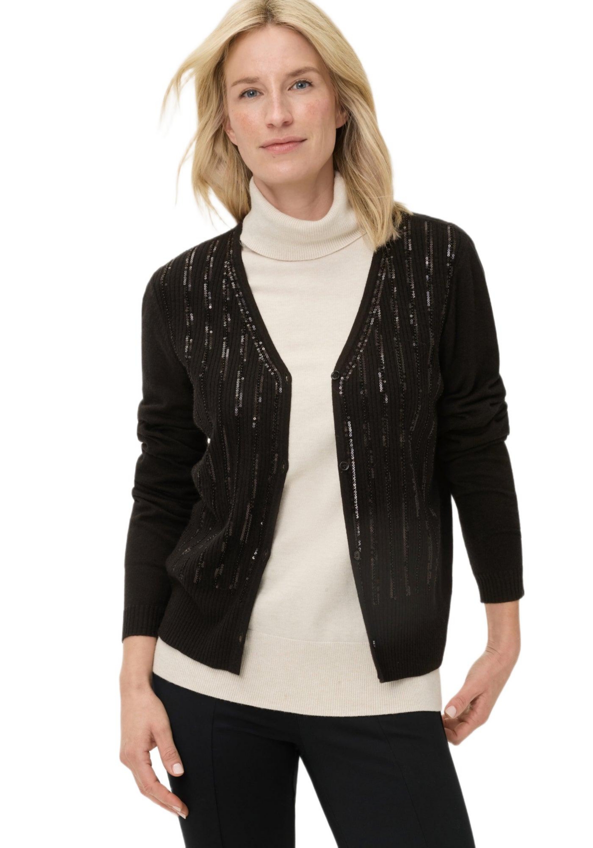 Olsen Women’s Rib Knit Cardigan with Sequin Detail Sweater – Black Olsen Women’s Rib Knit Cardigan with Sequin Detail Sweater – Black