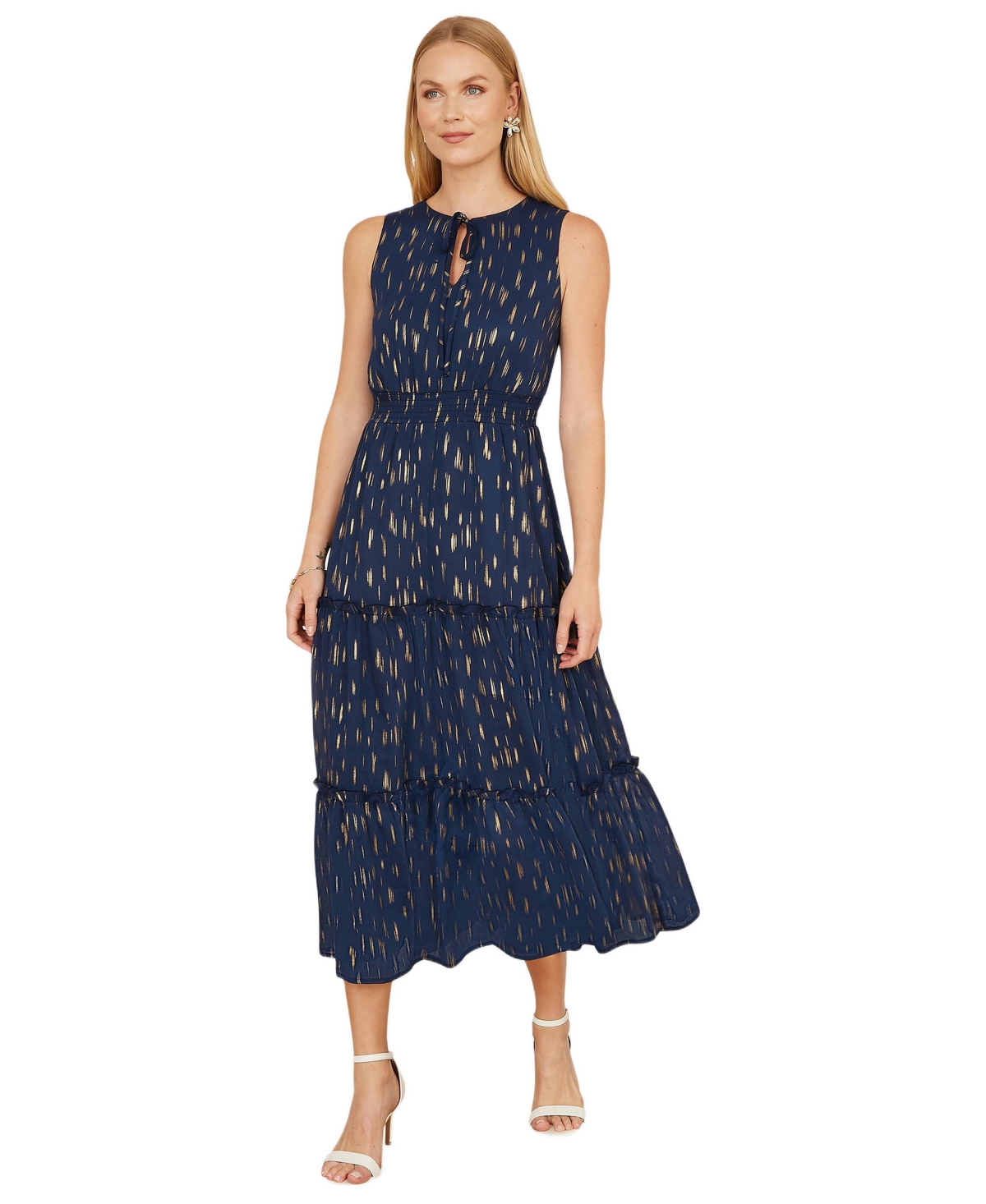 Yumi Women’s Foil Print Ruched Waist Midi Dress – Navy