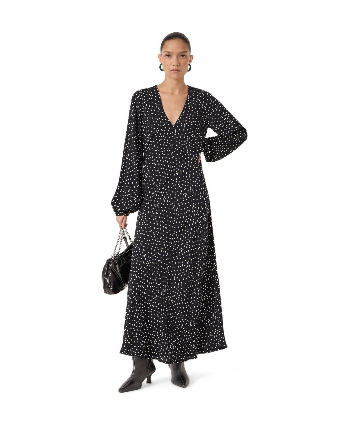 Hush Women’s V-Neck Long Sleeve Crepe Dress – Tiny polka dot black