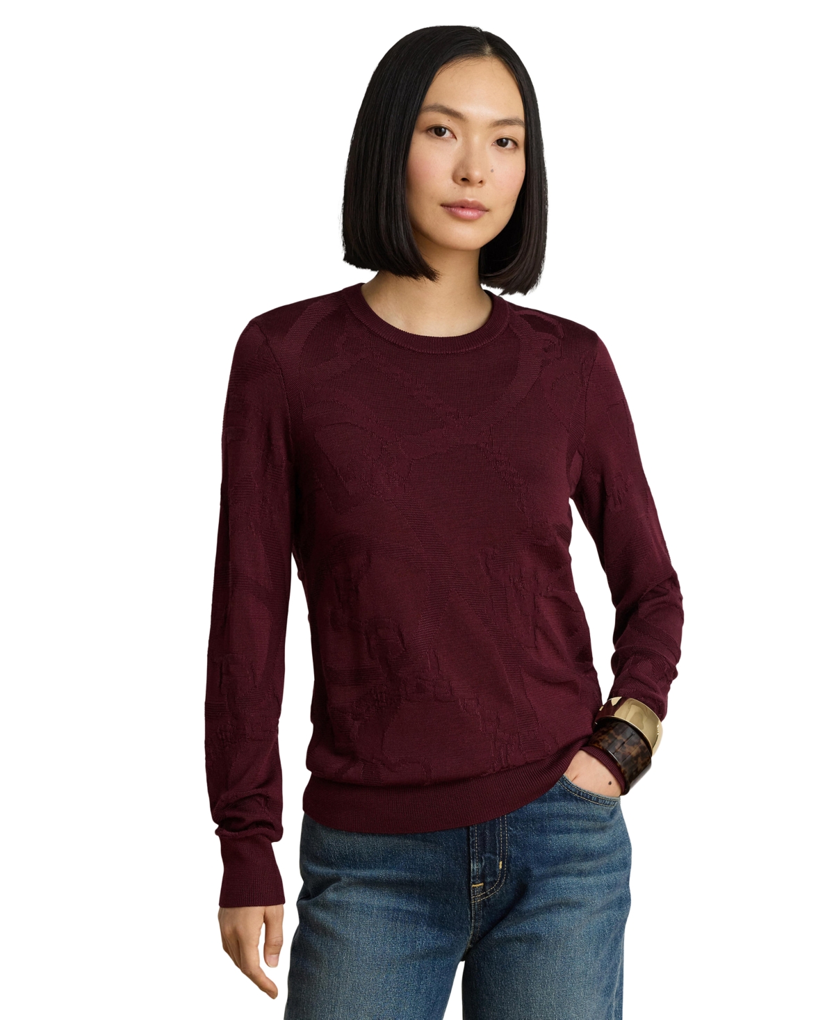 Lauren Ralph Lauren Women’s Belting-Motif Slim-Fit Cotton-Blend Sweater – Dark Garnet Lauren Ralph Lauren Women’s Belting-Motif Slim-Fit Cotton-Blend Sweater – Dark Garnet