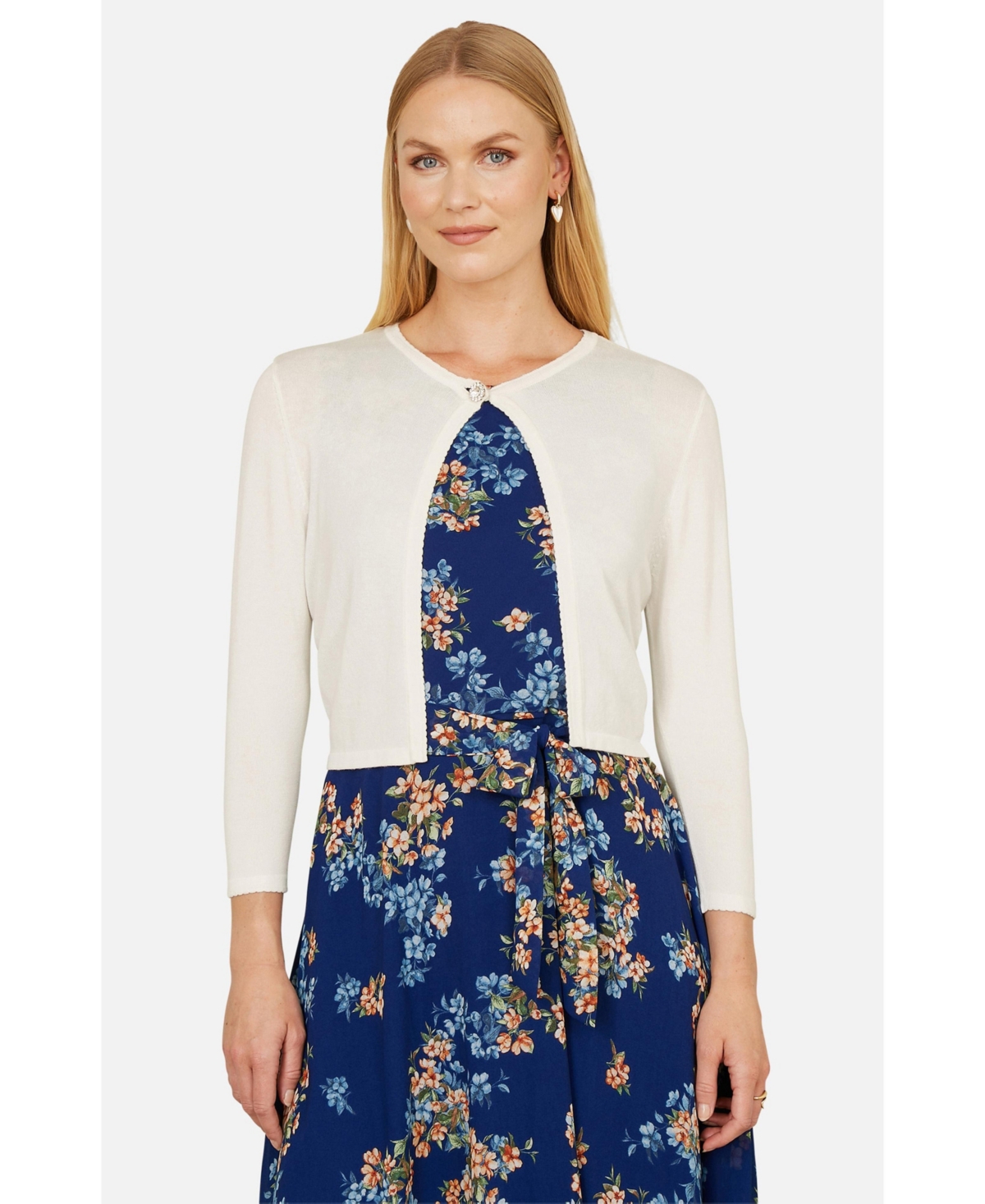 Yumi Women’s Diamante Button Cropped Cardigan – Ivory