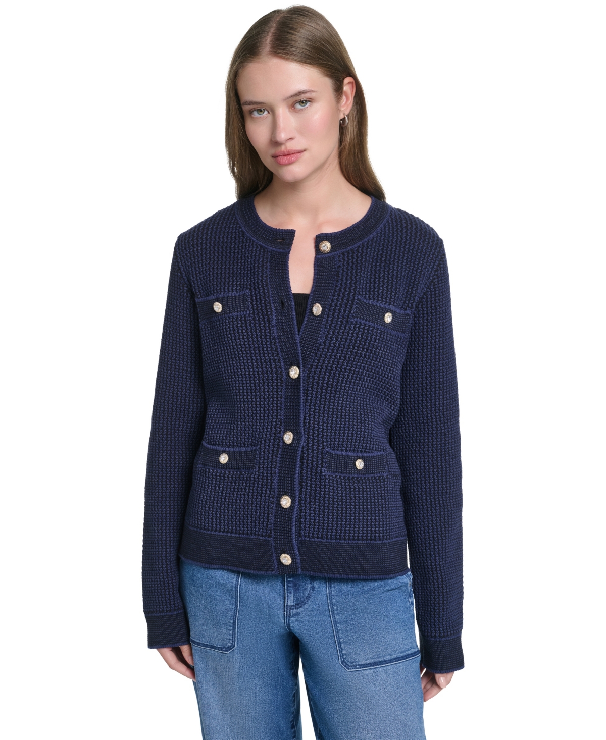 Karl Lagerfeld Paris Women’s Crewneck Cardigan – Naval Academy/black Karl Lagerfeld Paris Women’s Crewneck Cardigan – Naval Academy/black