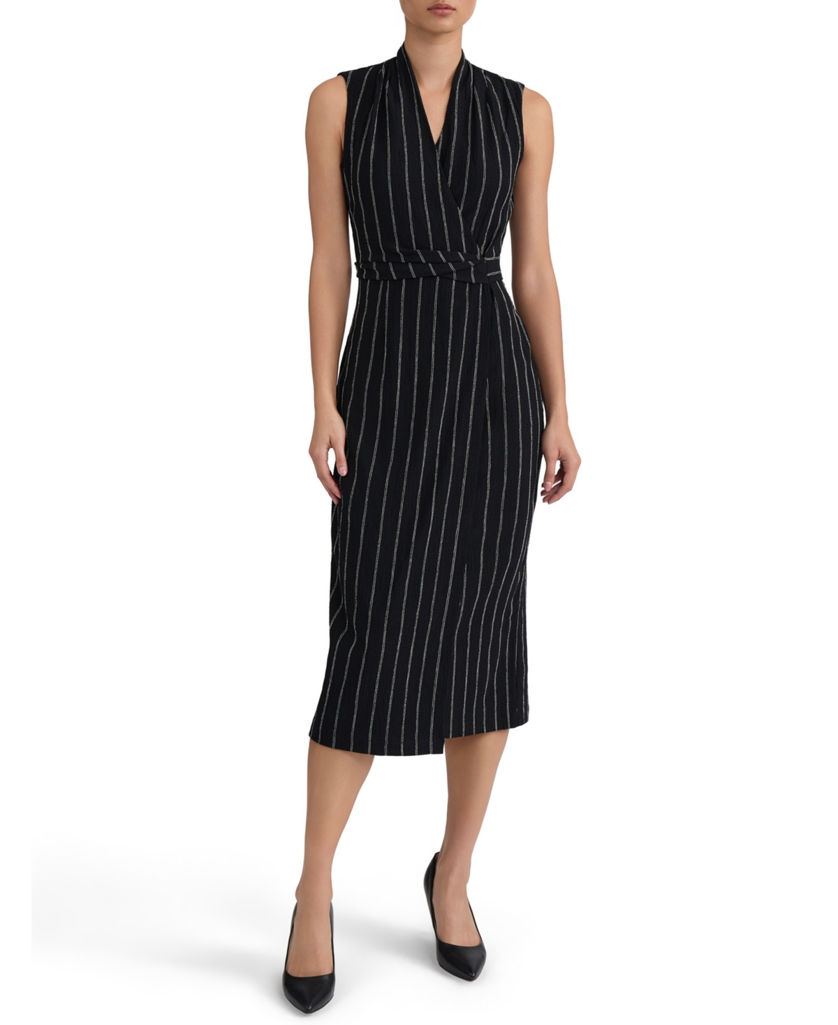 Kasper Women’s Wrap-Front Sleeveless Midi Dress – Black/white Kasper Women’s Wrap-Front Sleeveless Midi Dress – Black/white