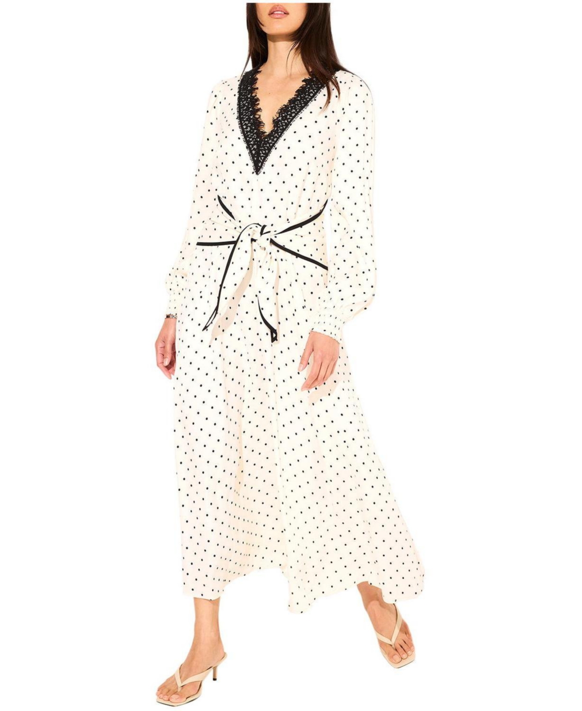 Mint Velvet Women’s Polka Dot V-Neck Long-Sleeve Wrap Maxi Dress – Cream