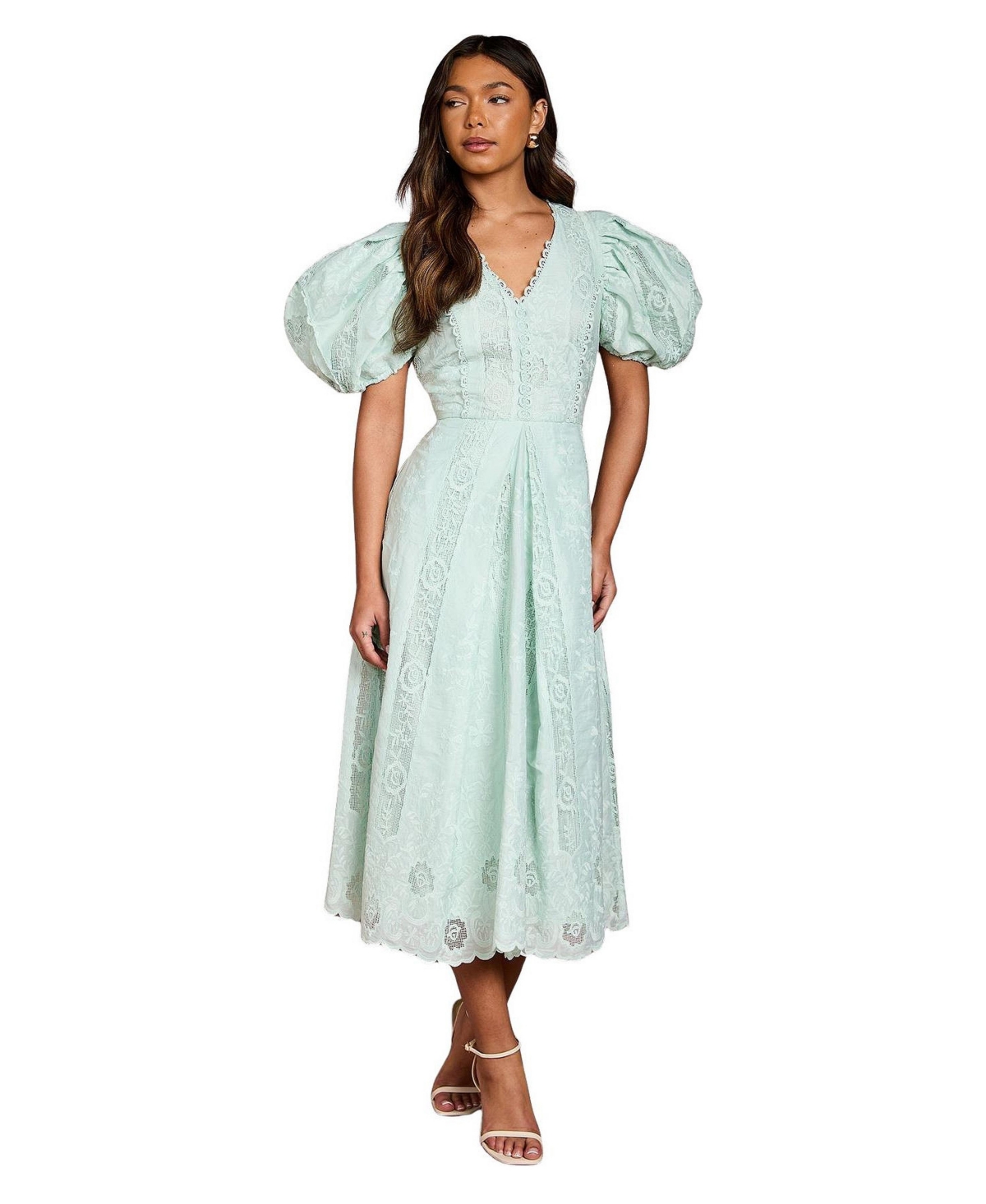 Coast Women’s Lace Puff-Sleeve A-Line Midi Dress – Mint