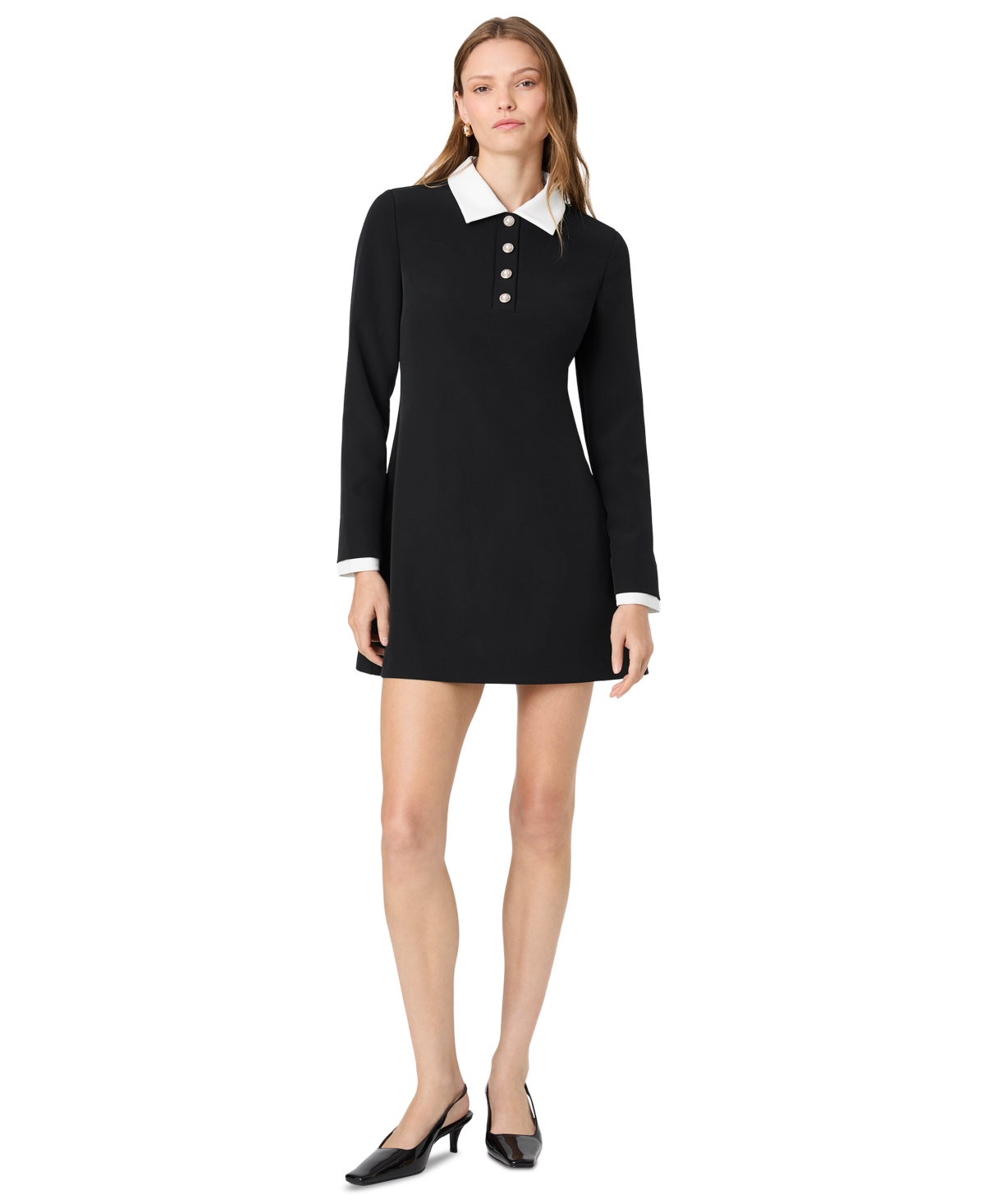 French Connection Women’s Echo Crepe Half Placket Long-Sleeve Mini Dress – Black/winter White