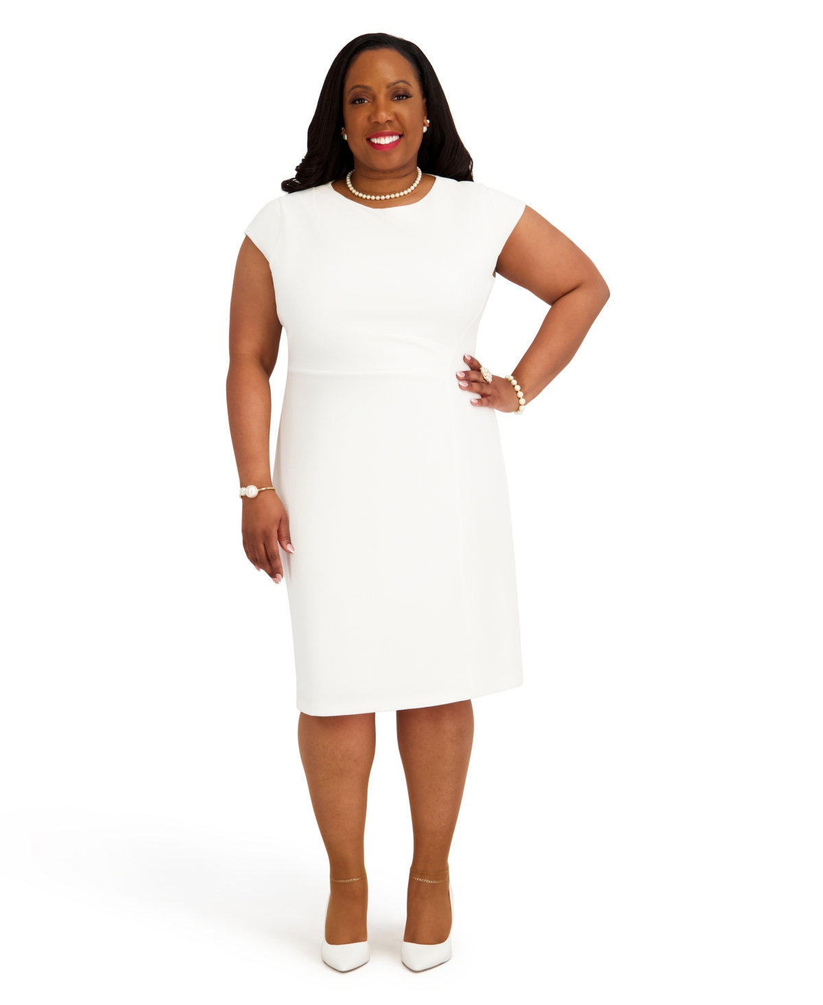 Kasper Women’s Cap-Sleeve Crewneck Dress – White Kasper Women’s Cap-Sleeve Crewneck Dress – White
