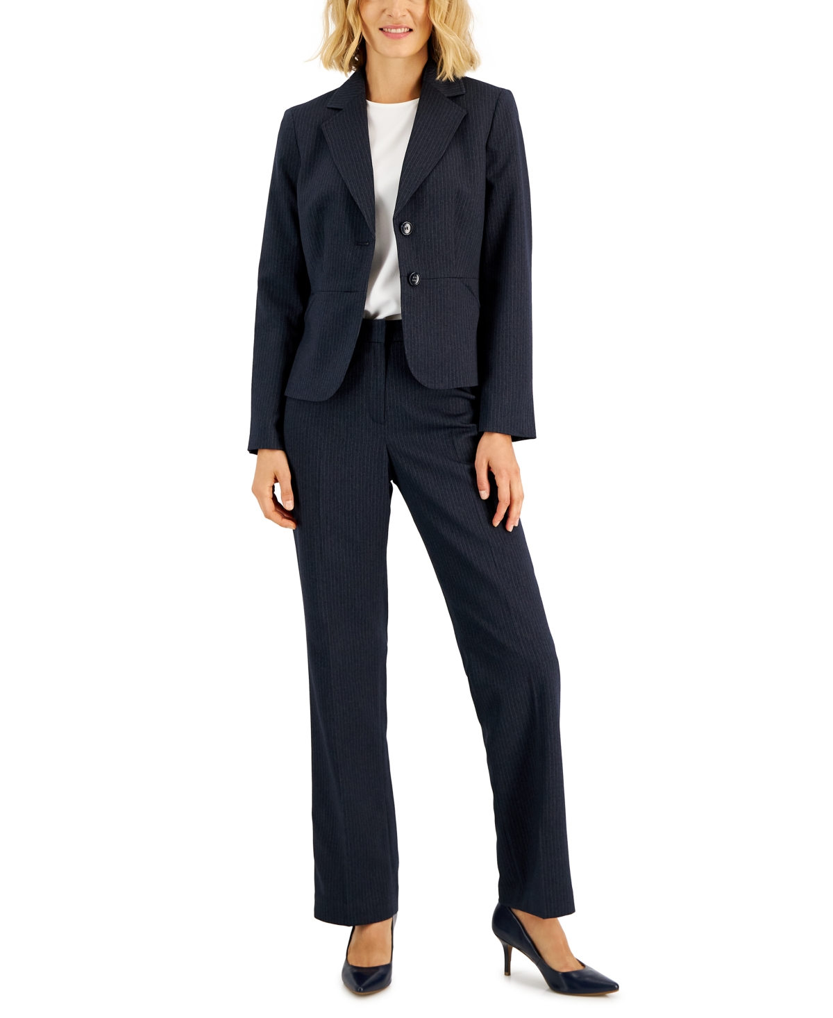 Le Suit Women’s Two-Button Pinstriped Pantsuit Set, Regular & Petite – Navy Le Suit Women’s Two-Button Pinstriped Pantsuit Set, Regular & Petite – Navy