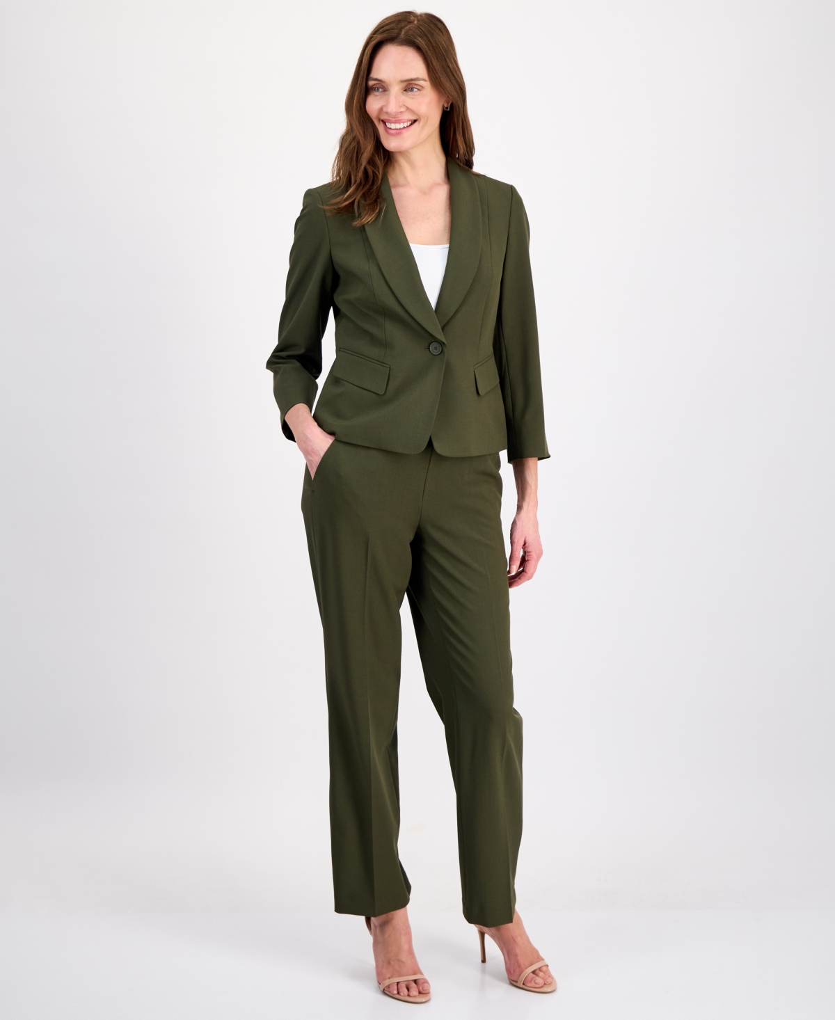 Le Suit Women’s One-Button 3/4-Sleeve 2 Piece Pantsuit – Hunter