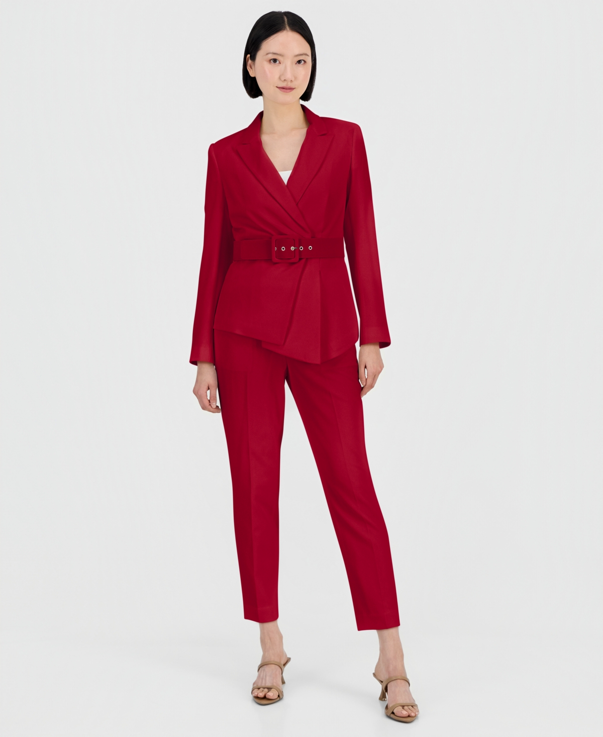 Tahari Asl Women’s Belted Asymmetrical Jacket & Slim-Fit Pantsuit Set – Mulberry Tahari Asl Women’s Belted Asymmetrical Jacket & Slim-Fit Pantsuit Set – Mulberry