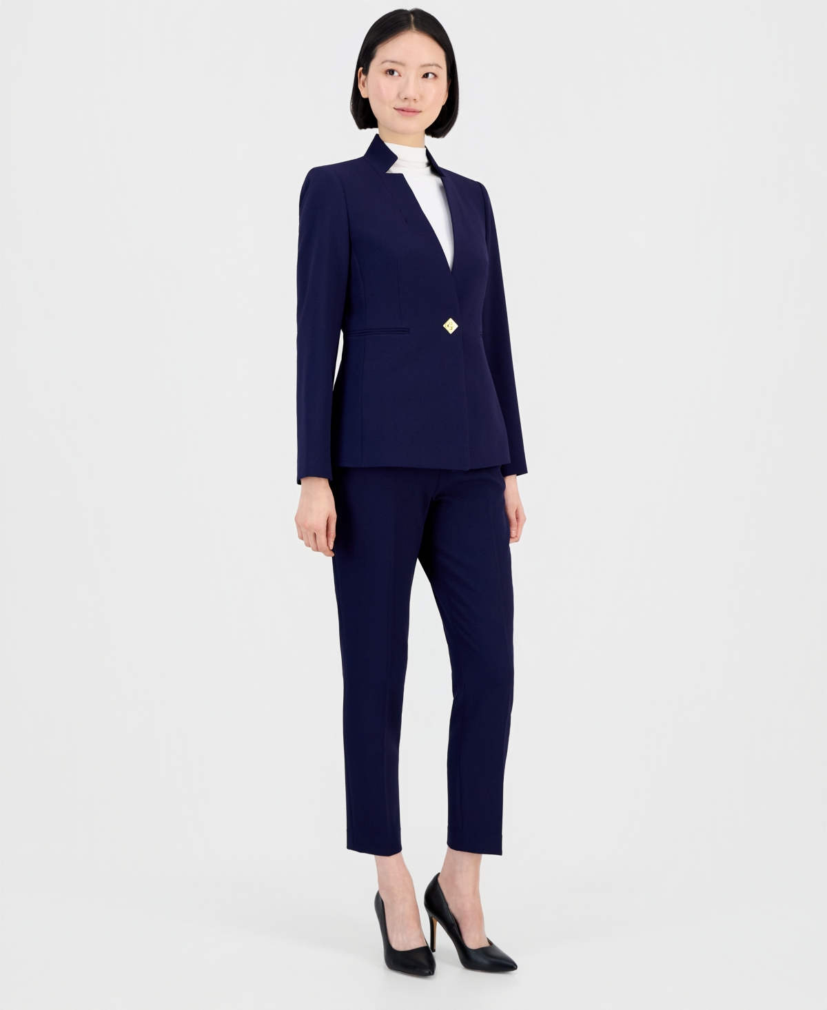 Tahari Asl Women’s Notched One-Button Pantsuit – Midnight