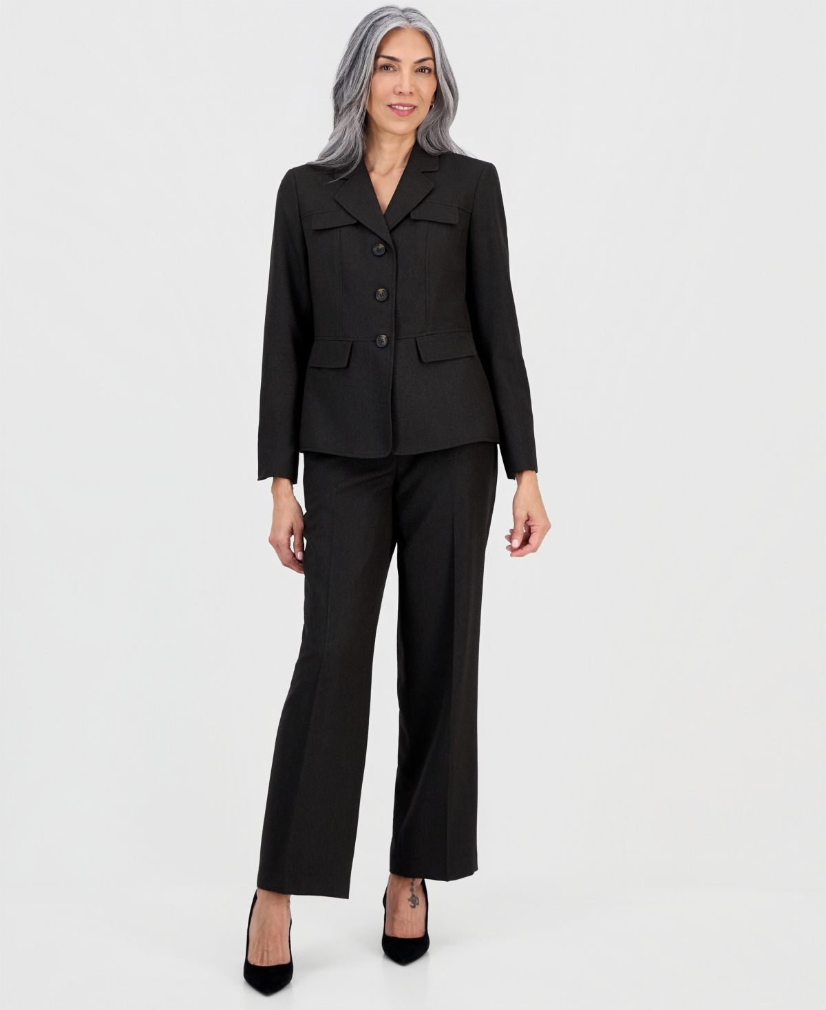 Le Suit Women’s Notch-Lapel Button-Front 2 Piece Pantsuit, Regular & Petites – Chocolate Brn Multi