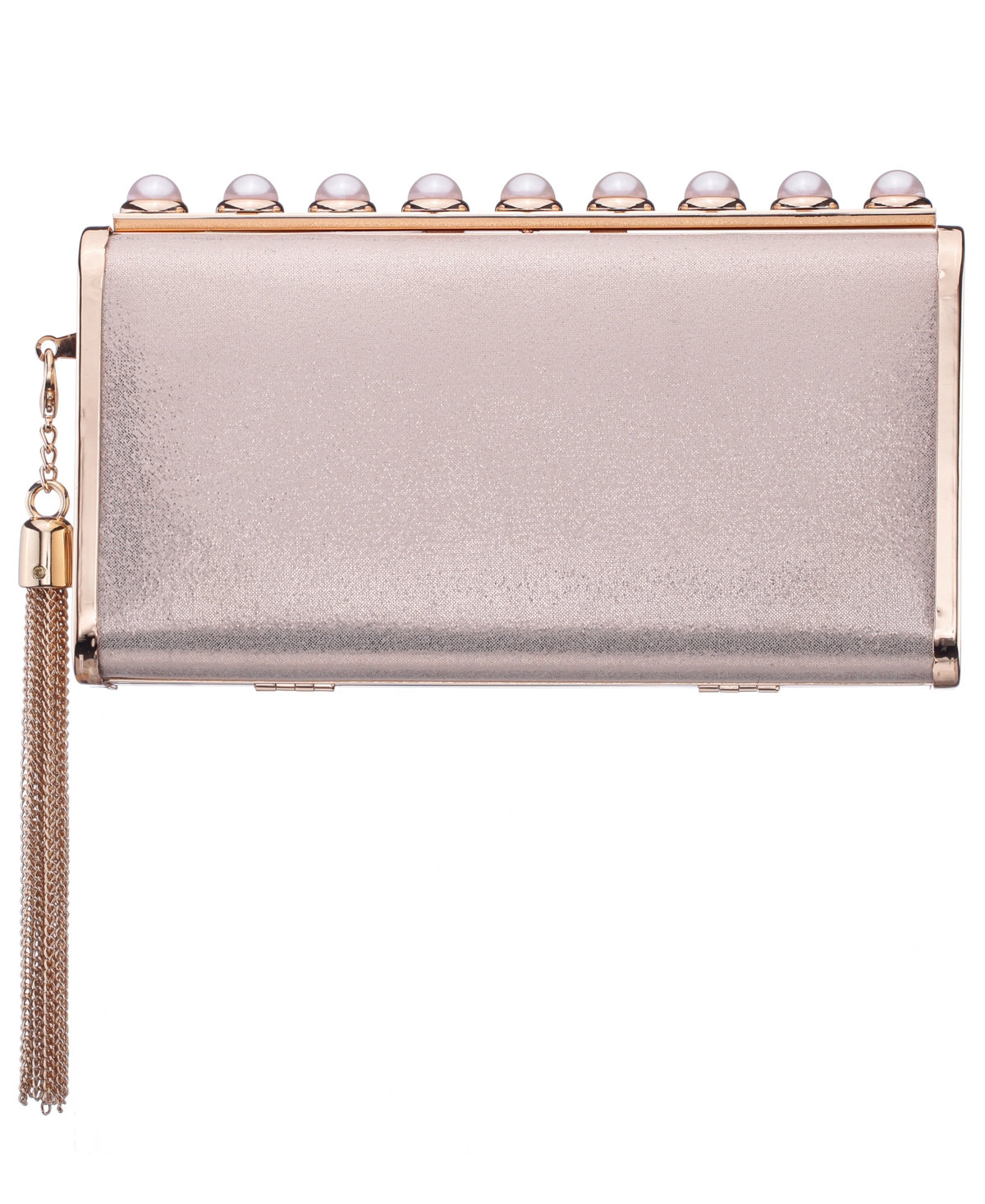 Nina Crystal Ornamented Minaudiere Tassel Lift Lock Clutch – Platino
