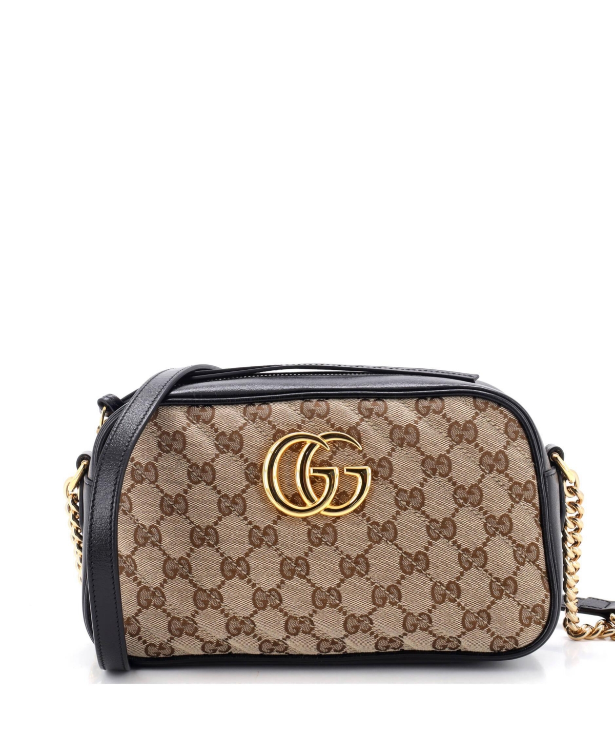 Pre-Owned Gucci Small Gg Marmont Shoulder Bag Diagonal Quilted Gg Canvas with Leather – Black