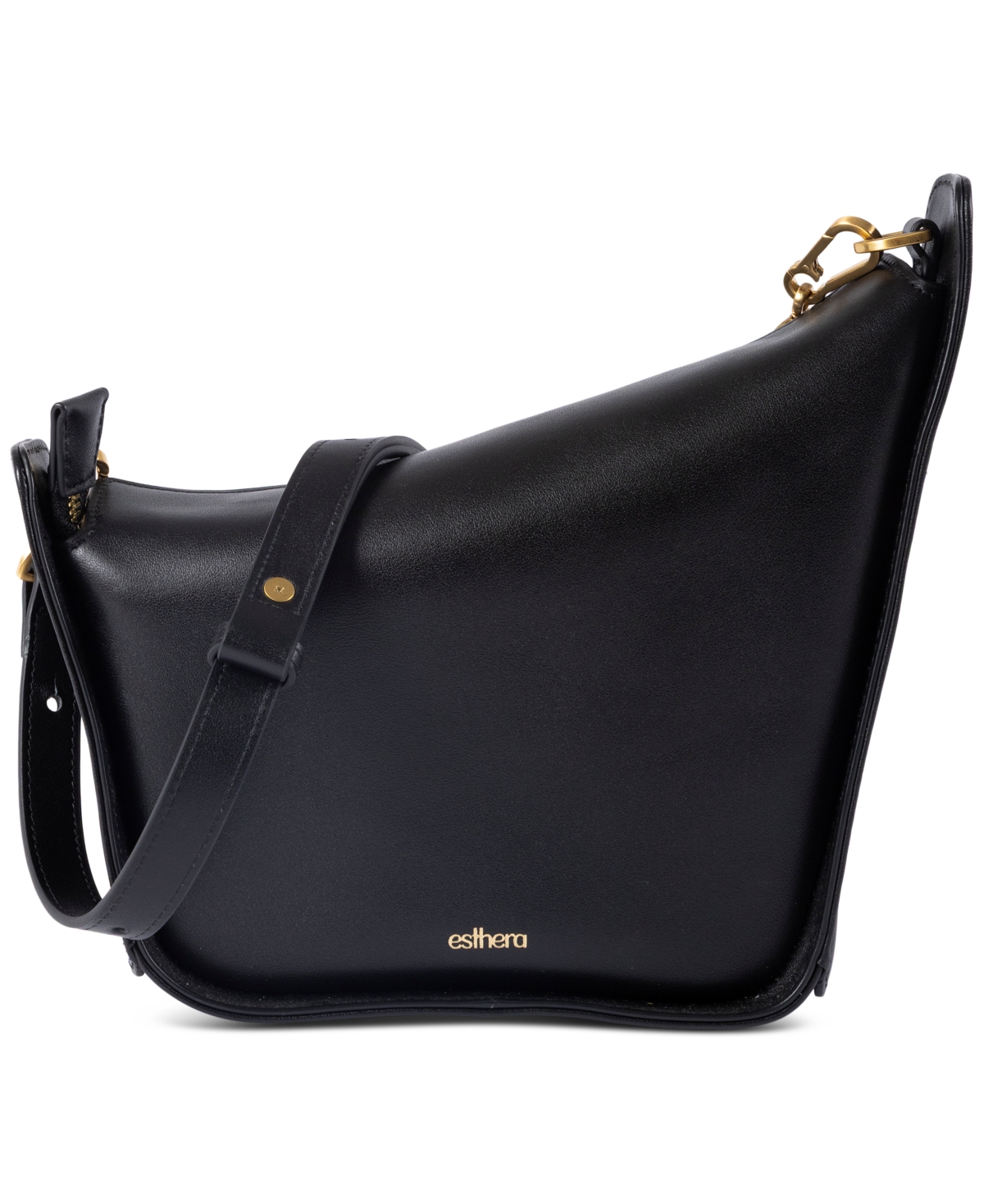 Esthera 10AM Leather Asymmetrical Embossed Logo Small Shoulder Handbag – Black Esthera 10AM Leather Asymmetrical Embossed Logo Small Shoulder Handbag – Black
