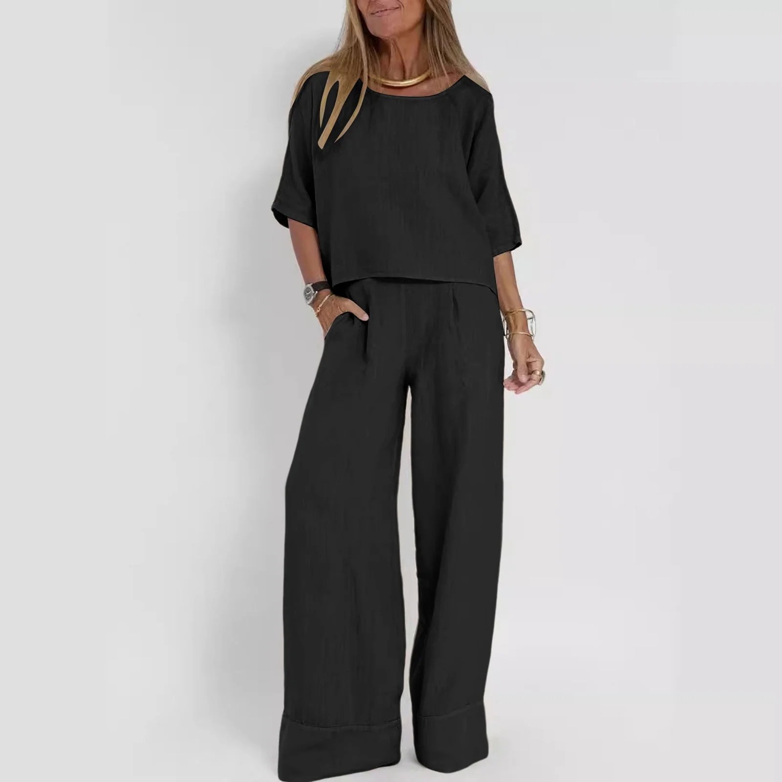 Riforla Women Fashion Solid Casual Loose Seven Quarter Sleeve Wide Leg Pantsuit 2 Piece Sets for Women Black XL Riforla Women Fashion Solid Casual Loose Seven Quarter Sleeve Wide Leg Pantsuit 2 Piece Sets for Women Black XL
