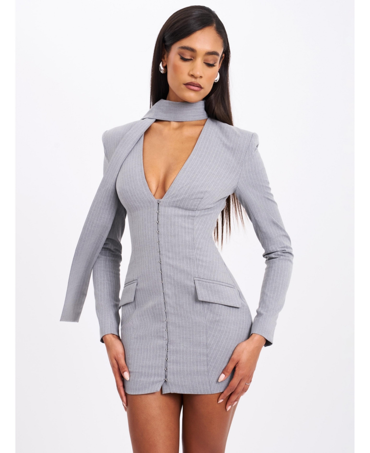 Miss Circle Women’s Tahlia Deep V Pinstripes Gray Blazer Dress with scarf collar – Grey Miss Circle Women’s Tahlia Deep V Pinstripes Gray Blazer Dress with scarf collar – Grey