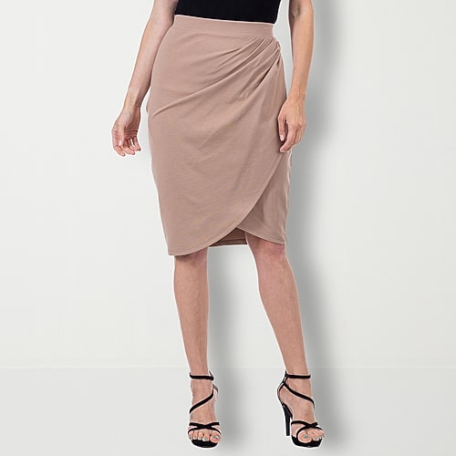 24seven Comfort Apparel Womens Mid Rise Midi Pencil Skirt, Medium, Brown