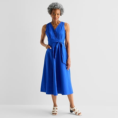 Liz Claiborne Womens Midi V Neck Sleeveless A-Line Dress, Large, Blue Liz Claiborne Womens Midi V Neck Sleeveless A-Line Dress, Large, Blue