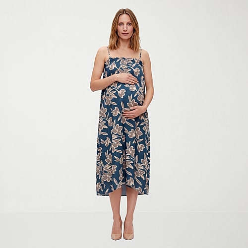 24seven Comfort Apparel Womens Maternity Midi Square Neck Sleeveless Floral A-Line Dress, Small, Blue