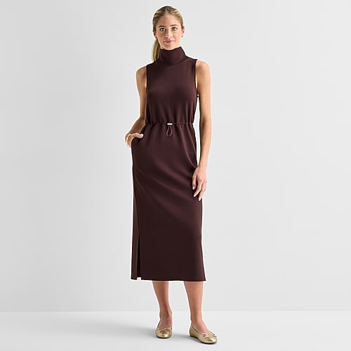 Stylus Womens Midi Mock Neck Sleeveless A-Line Dress, Large, Brown Stylus Womens Midi Mock Neck Sleeveless A-Line Dress, Large, Brown