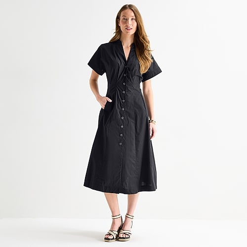 Liz Claiborne Womens Midi V Neck Short Sleeve A-Line Dress, Large, Black Liz Claiborne Womens Midi V Neck Short Sleeve A-Line Dress, Large, Black