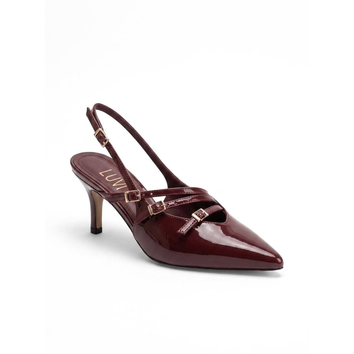 Prologue Shoes Women’s Magra Pointed-Toe Slingback Stiletto – Burgundy patent faux leather Prologue Shoes Women’s Magra Pointed-Toe Slingback Stiletto – Burgundy patent faux leather