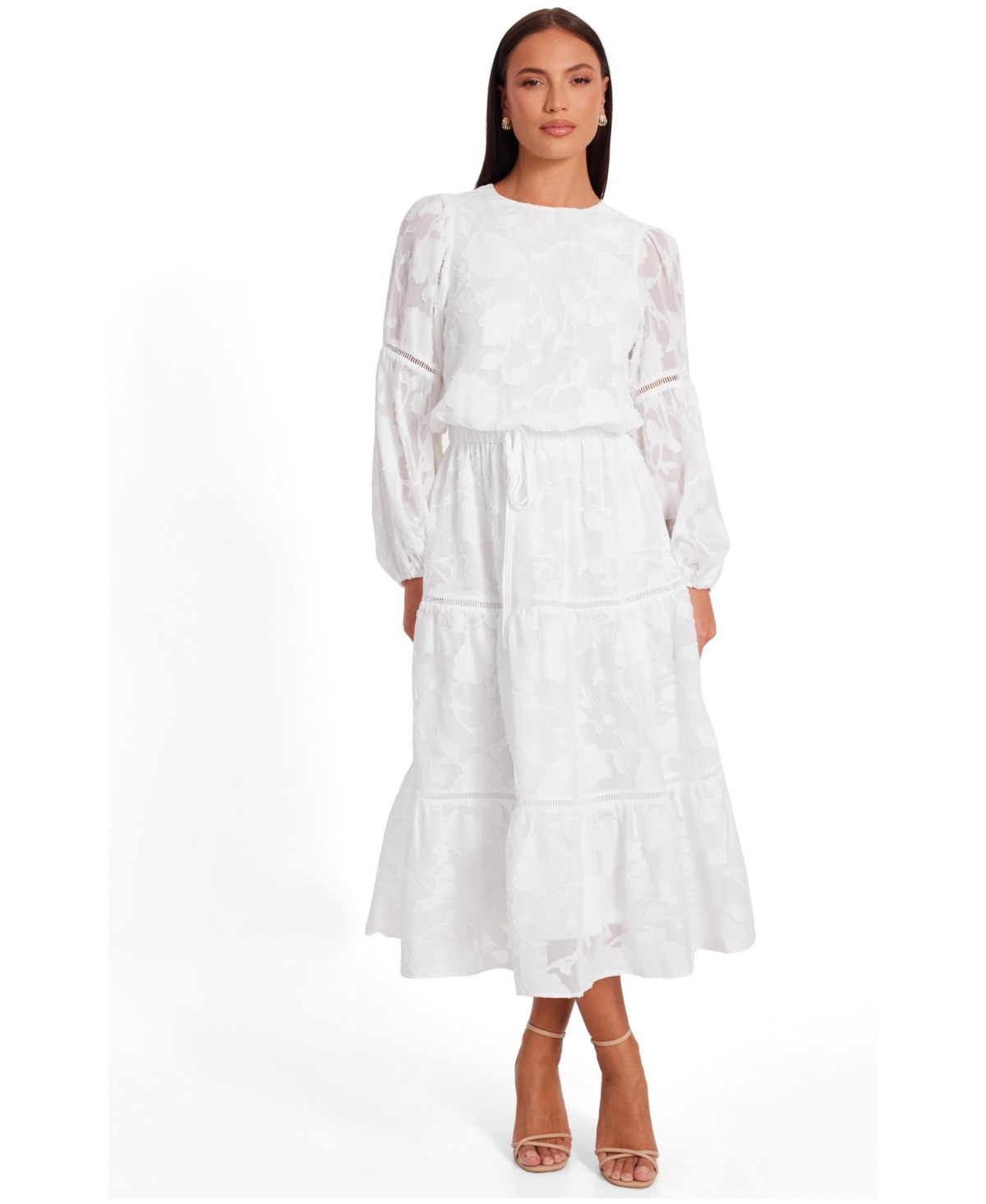 Quiz Women’s Jacquard Puff Sleeve Midi Dress – White Quiz Women’s Jacquard Puff Sleeve Midi Dress – White