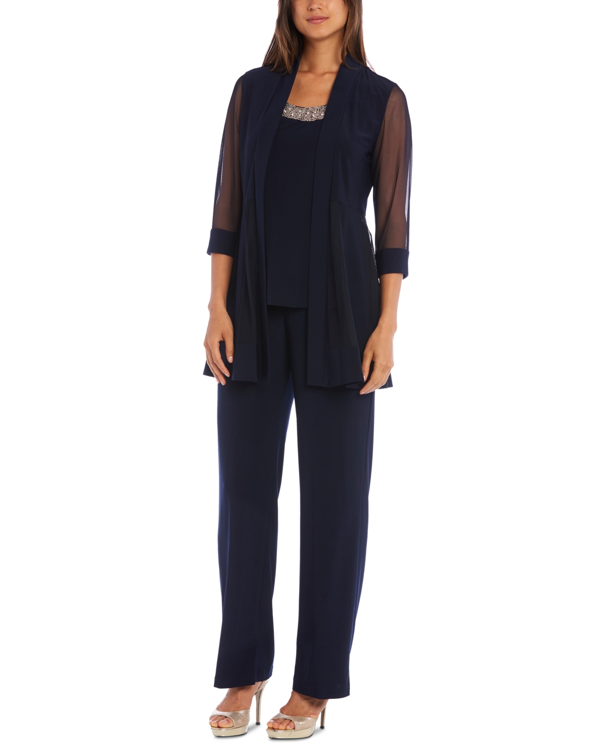 R & M Richards Embellished Layered-Look Pantsuit – Navy