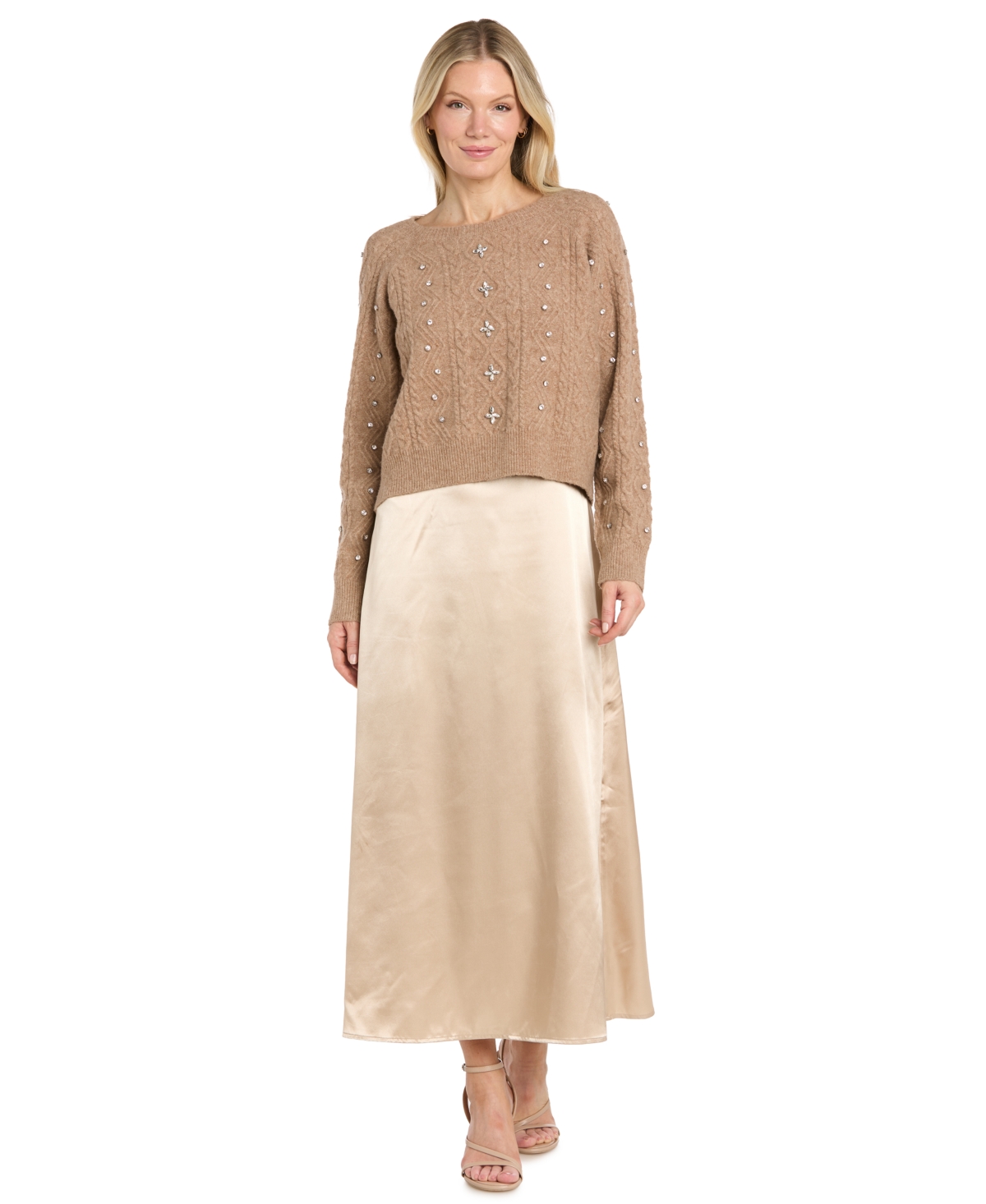 R & M Richards Women’s 2-peice Satin Dress with Cropped Sweater – latte R & M Richards Women’s 2-peice Satin Dress with Cropped Sweater – latte