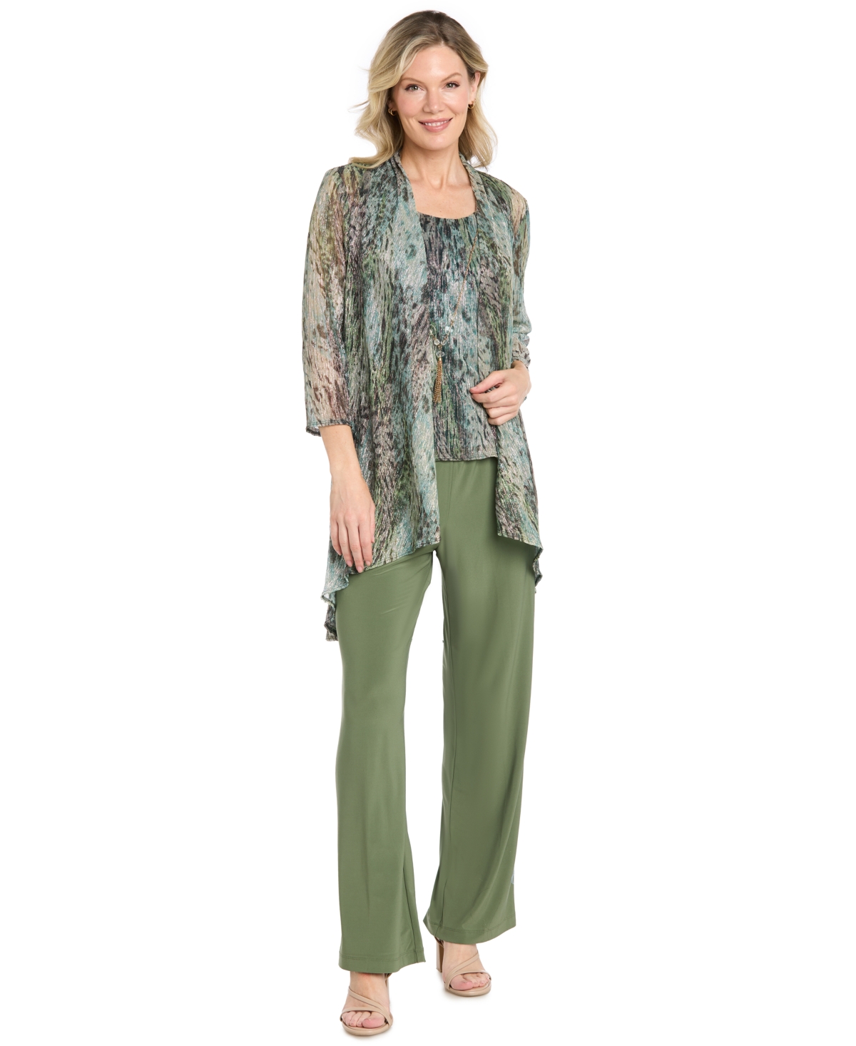 R & M Richards Women’s 3 Piece Animal Print Metallic Crinkle Duster Pantsuit – Olive