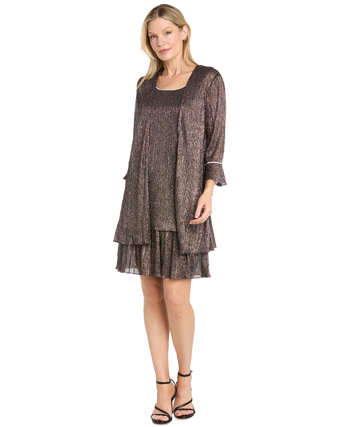 R & M Richards Women’s Beaded Metallic-Pleat Scoop Neck 2-Piece Jacket Dress – Black/Copper/Silver R & M Richards Women’s Beaded Metallic-Pleat Scoop Neck 2-Piece Jacket Dress – Black/Copper/Silver