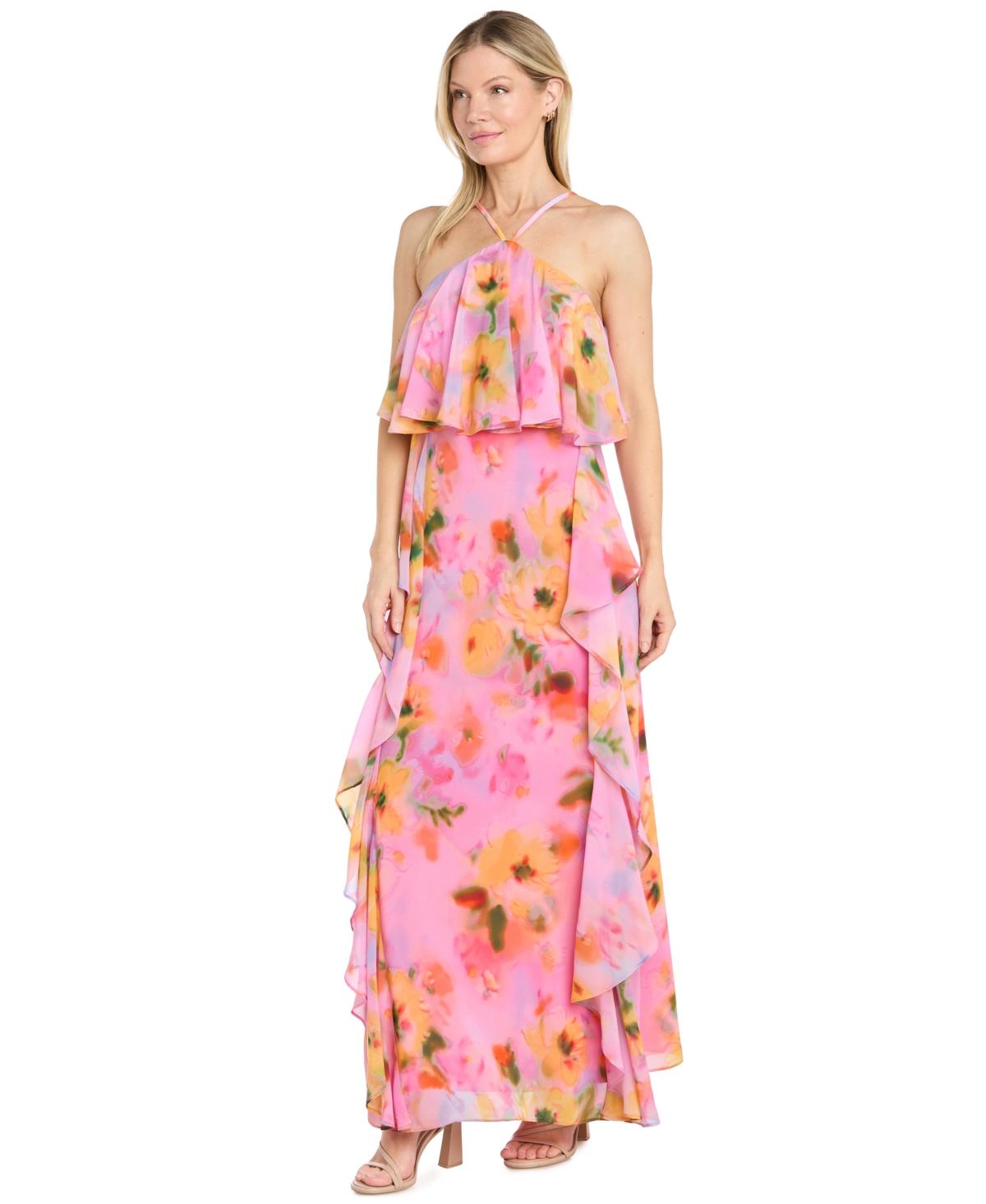 R & M Richards Women’s Halter Neck Side Ruffle Dress – Pink/Multi