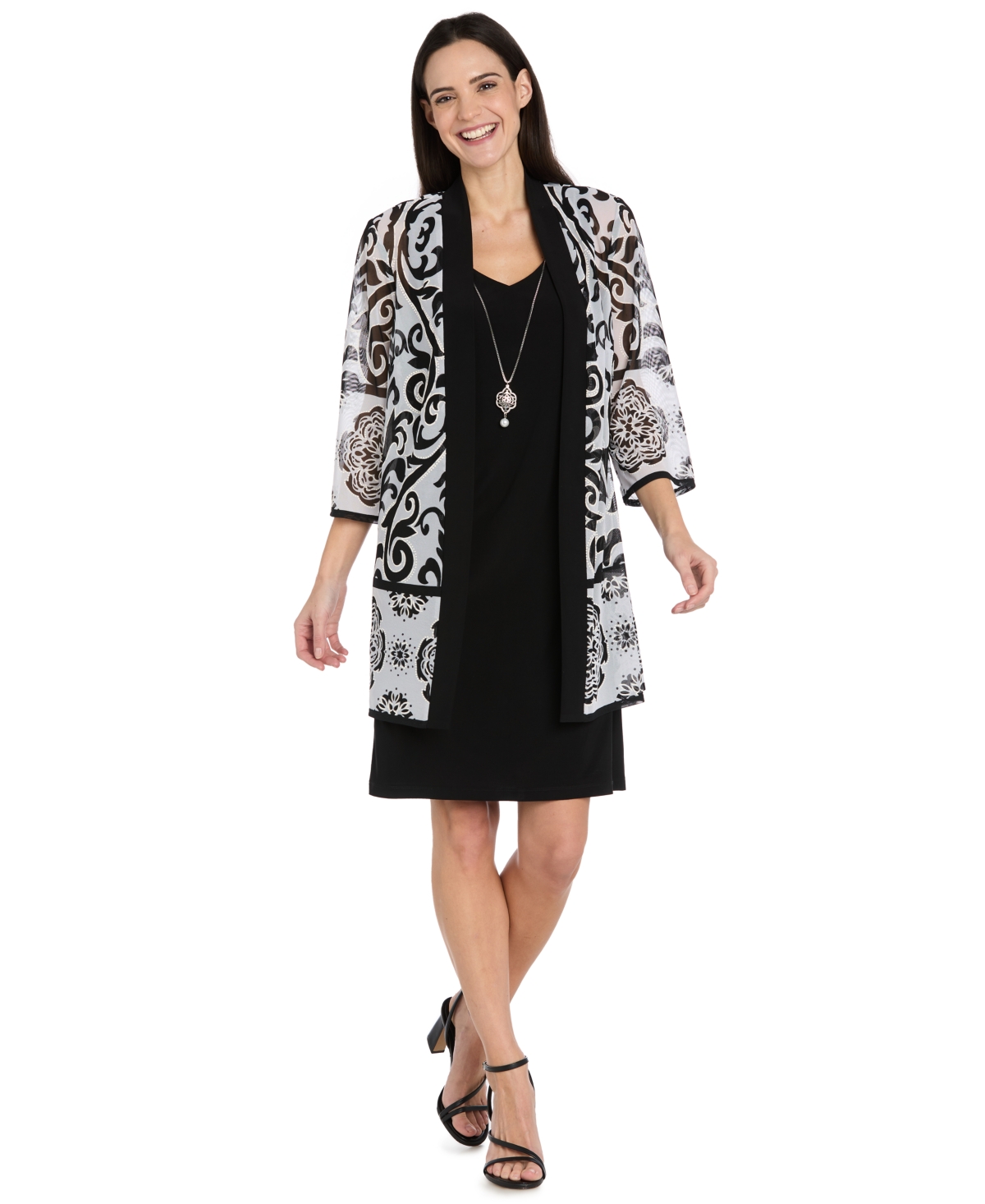 R & M Richards Women’s Petite The Bianca V-Neck 3/4-Sleeve A-Line Dress and Jacket, 2-Piece Set – Black/ivory R & M Richards Women’s Petite The Bianca V-Neck 3/4-Sleeve A-Line Dress and Jacket, 2-Piece Set – Black/ivory