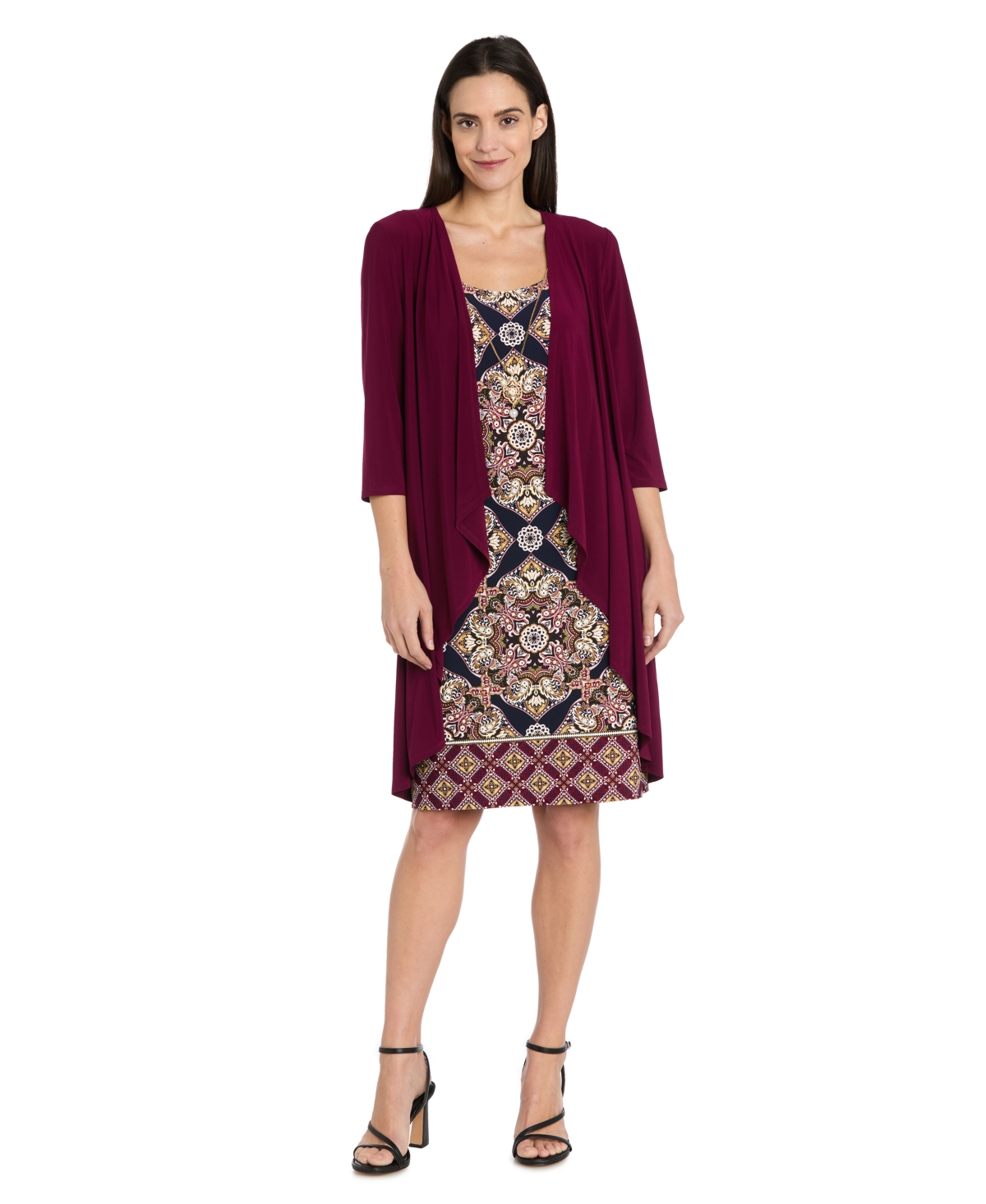 R & M Richards Women’s Printed Interlock Twist Yarn Jacket Dress, 2-Piece Set – Burgundy/Navy R & M Richards Women’s Printed Interlock Twist Yarn Jacket Dress, 2-Piece Set – Burgundy/Navy