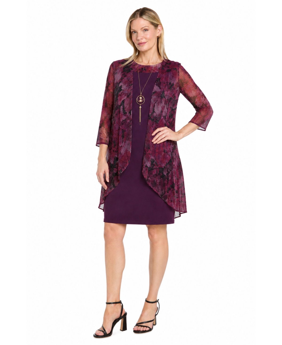 R & M Richards Women’s Printed Puff-Sleeve Jacket & Dress Set – Mulberry R & M Richards Women’s Printed Puff-Sleeve Jacket & Dress Set – Mulberry
