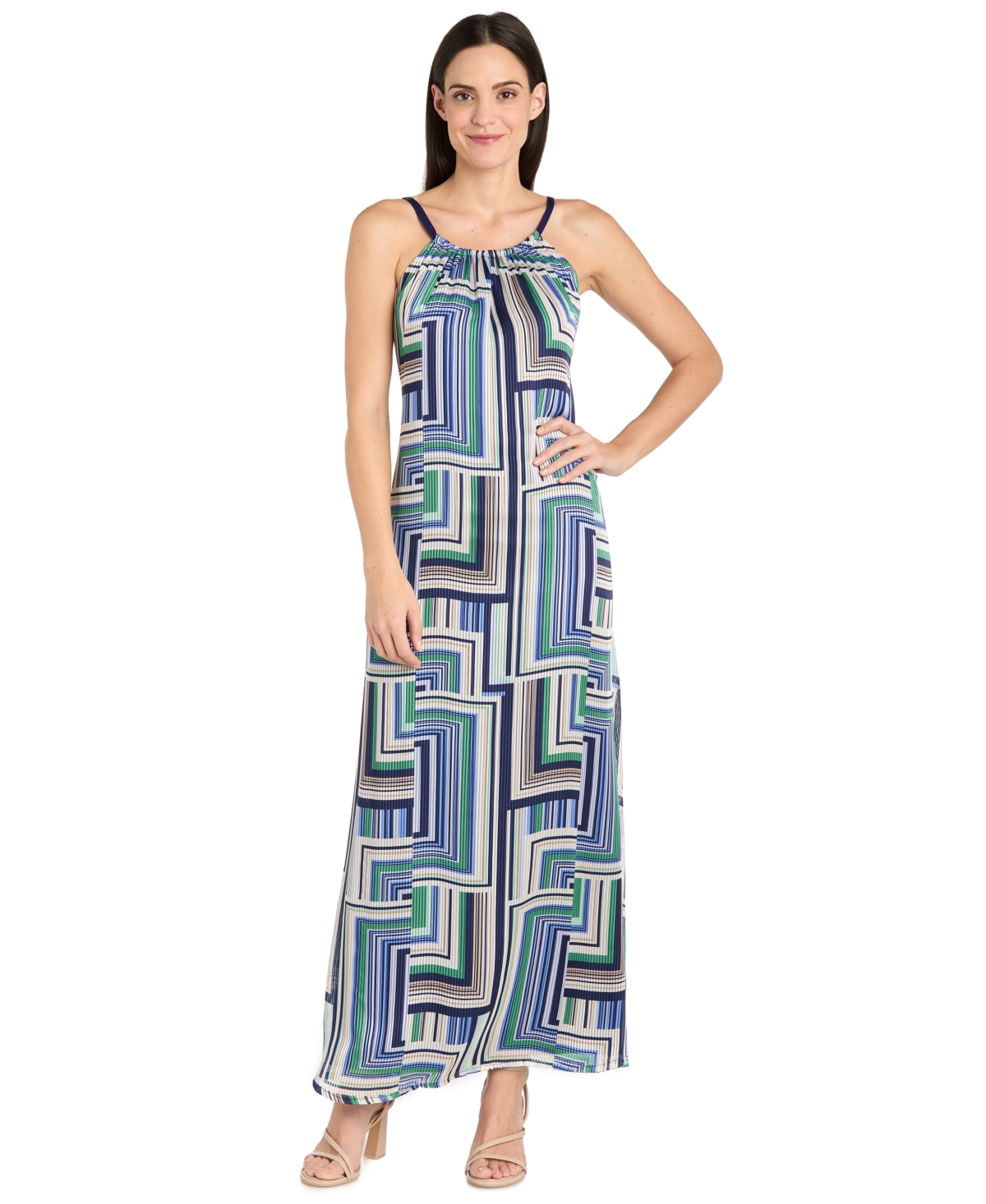 R & M Richards Women’s Sleeveless Shirred-Collar Maxi Dress – Blue/Green R & M Richards Women’s Sleeveless Shirred-Collar Maxi Dress – Blue/Green